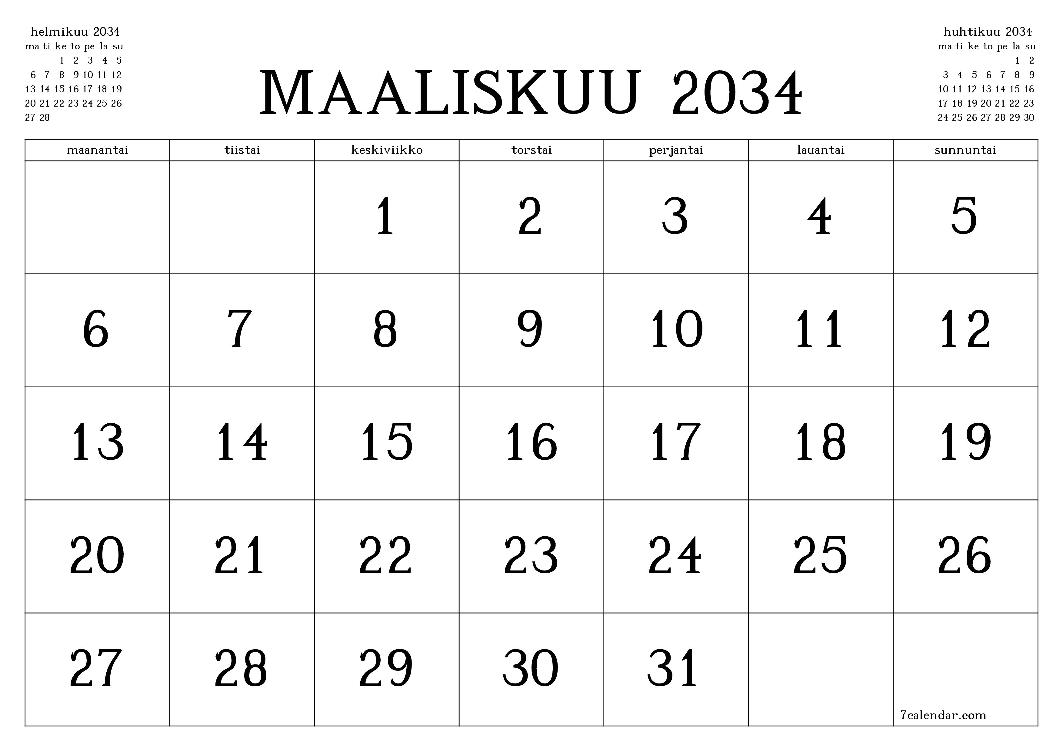 Tyhjennä kuukausittainen suunnittelija kuukaudelle Maaliskuu 2034 muistiinpanoilla, tallenna ja tulosta PDF-muotoon PNG Finnish