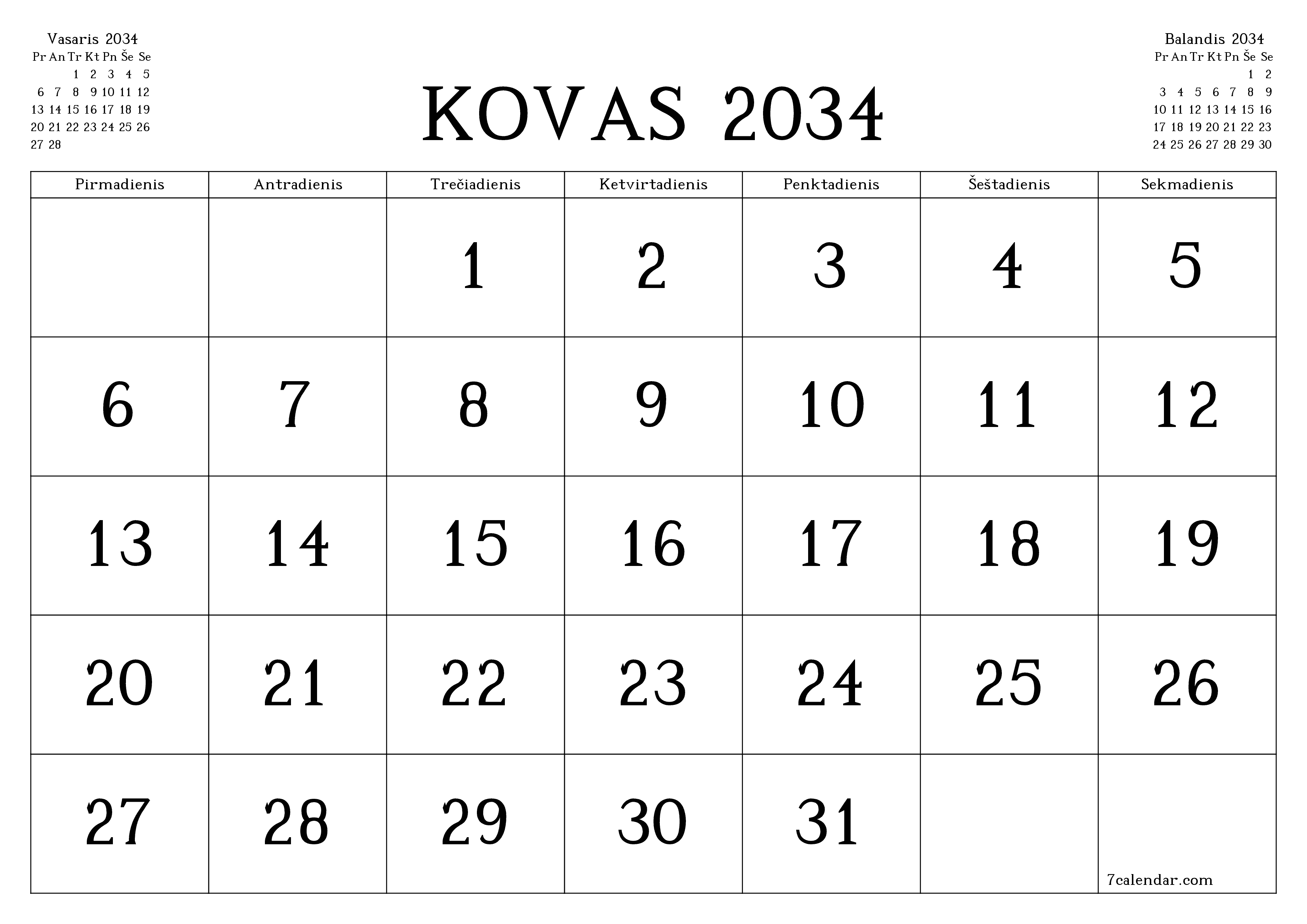 Ištuštinti mėnesio Kovas 2034 mėnesio planavimo priemonę su užrašais, išsaugoti ir atsispausdinti PDF formate PNG Lithuanian