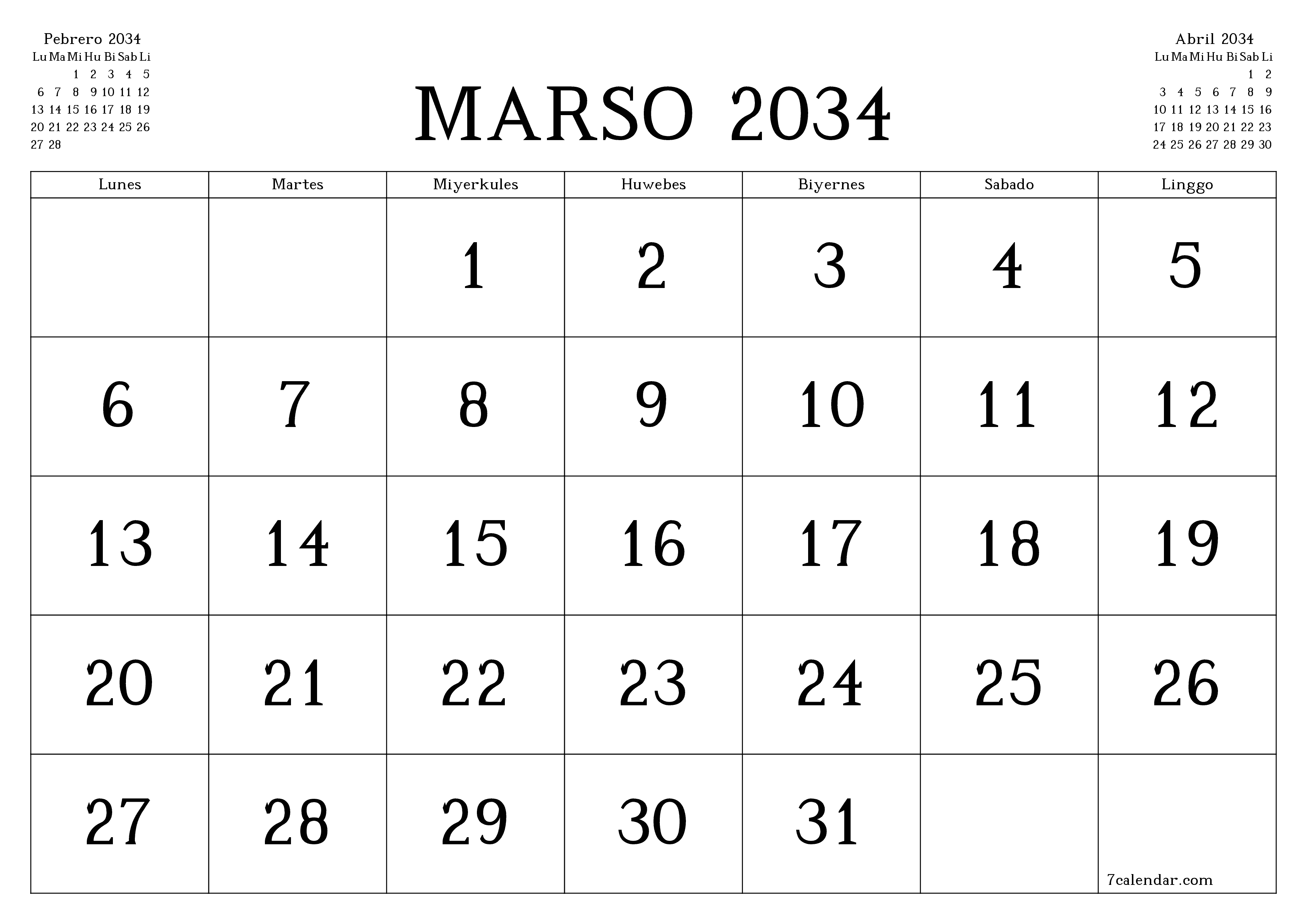 Walang laman na buwanang tagaplano para sa buwan na Marso 2034 na may mga tala, i-save at i-print sa PDF PNG Filipino