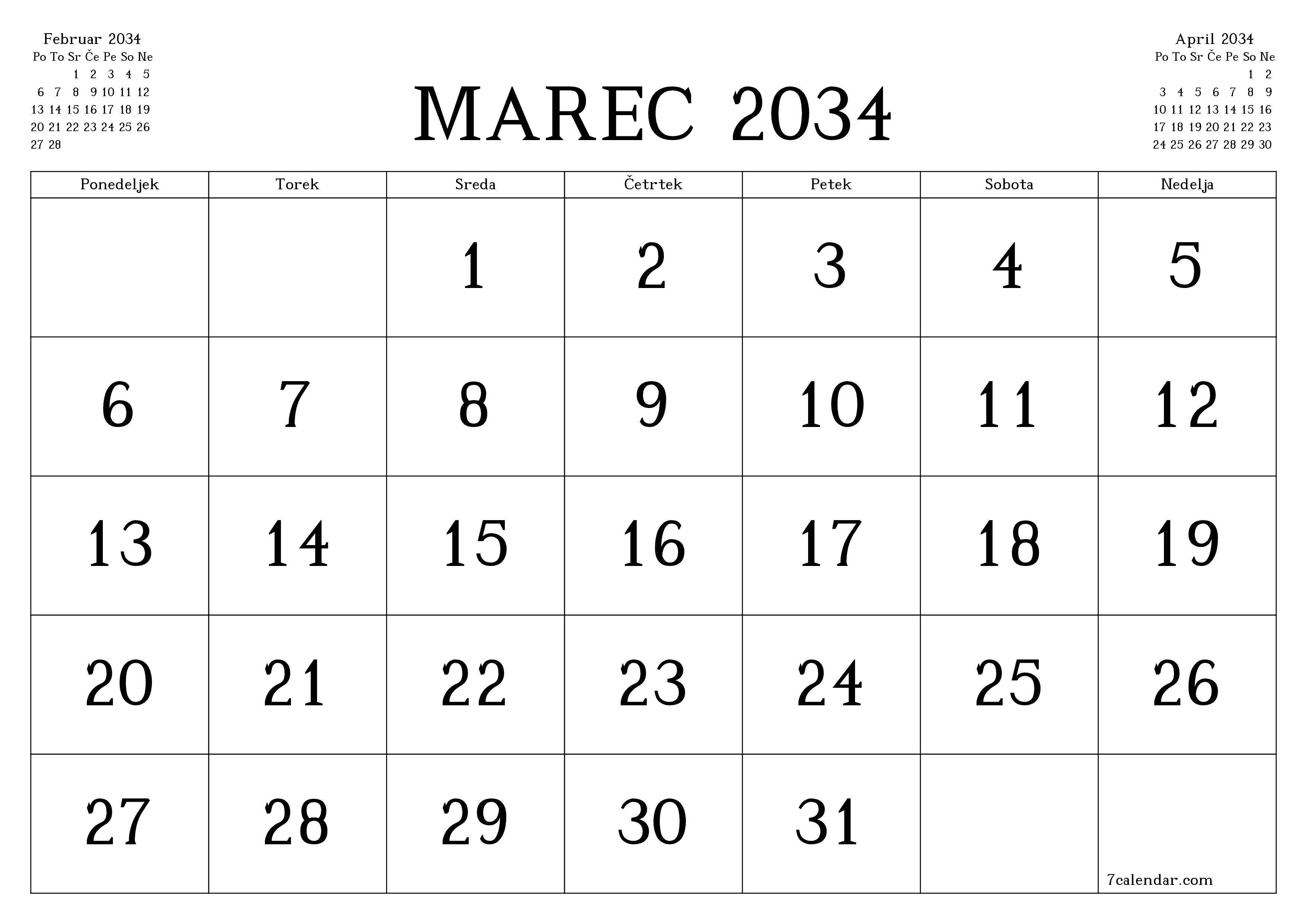Prazen mesečni načrtovalec koledarja za mesec Marec 2034 z opombami, natisnjenimi v PDF PNG Slovenian