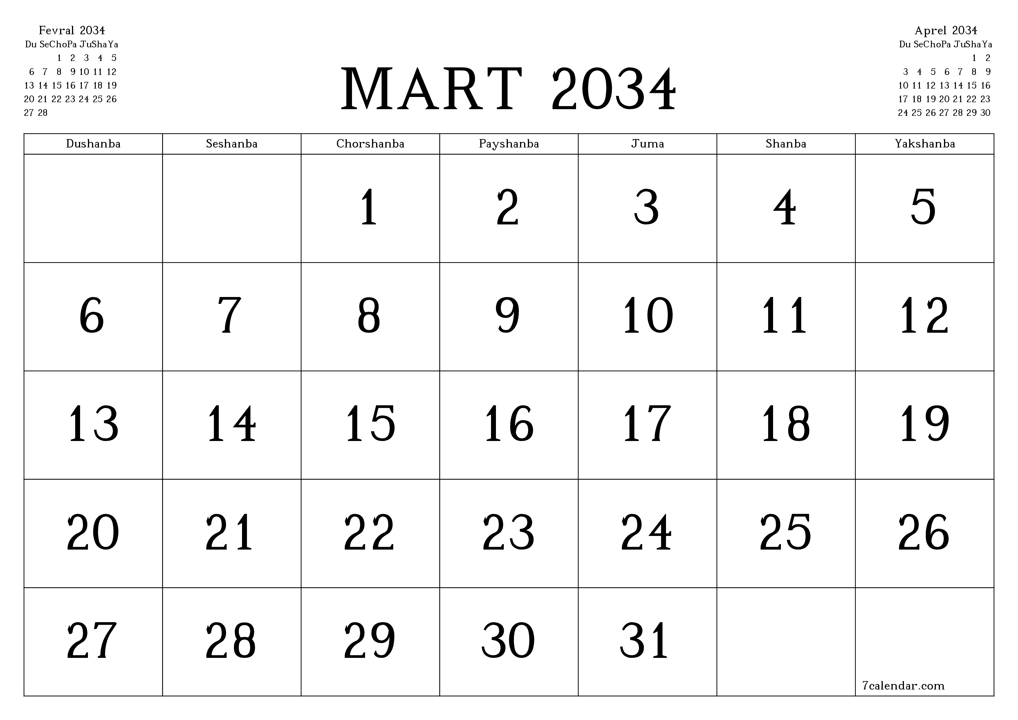 Mart 2034 oylik oylik rejalashtiruvchini yozuvlar bilan bo'shatish, saqlash va PDF-ga chop etish PNG Uzbek