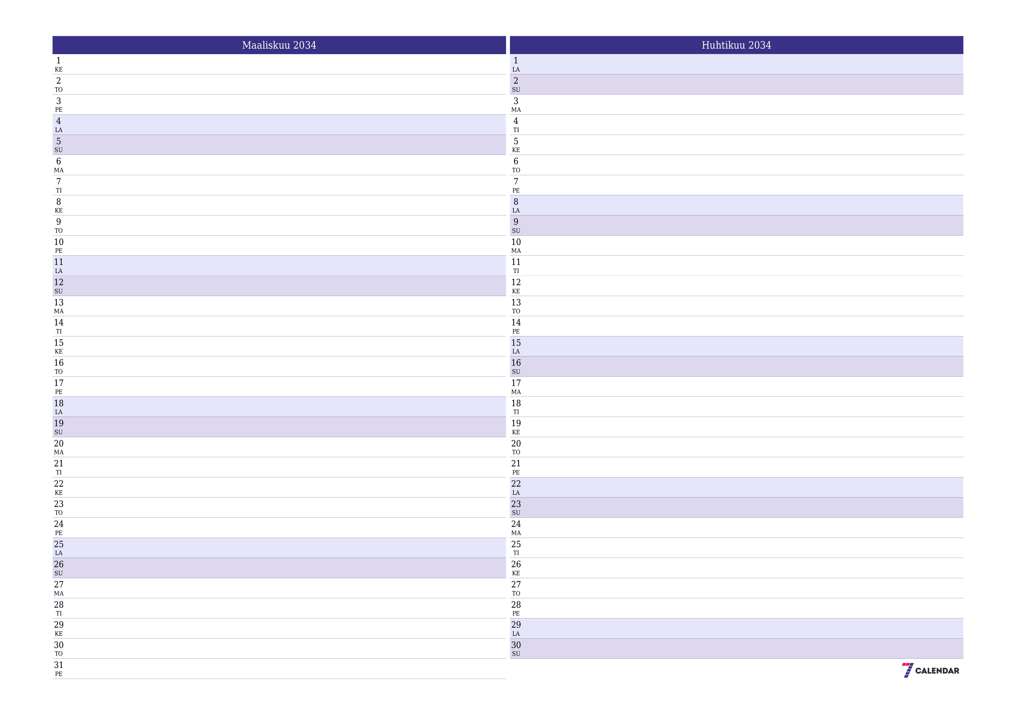 Tyhjennä kuukausittainen suunnittelija kuukaudelle Maaliskuu 2034 muistiinpanoilla, tallenna ja tulosta PDF-muotoon PNG Finnish