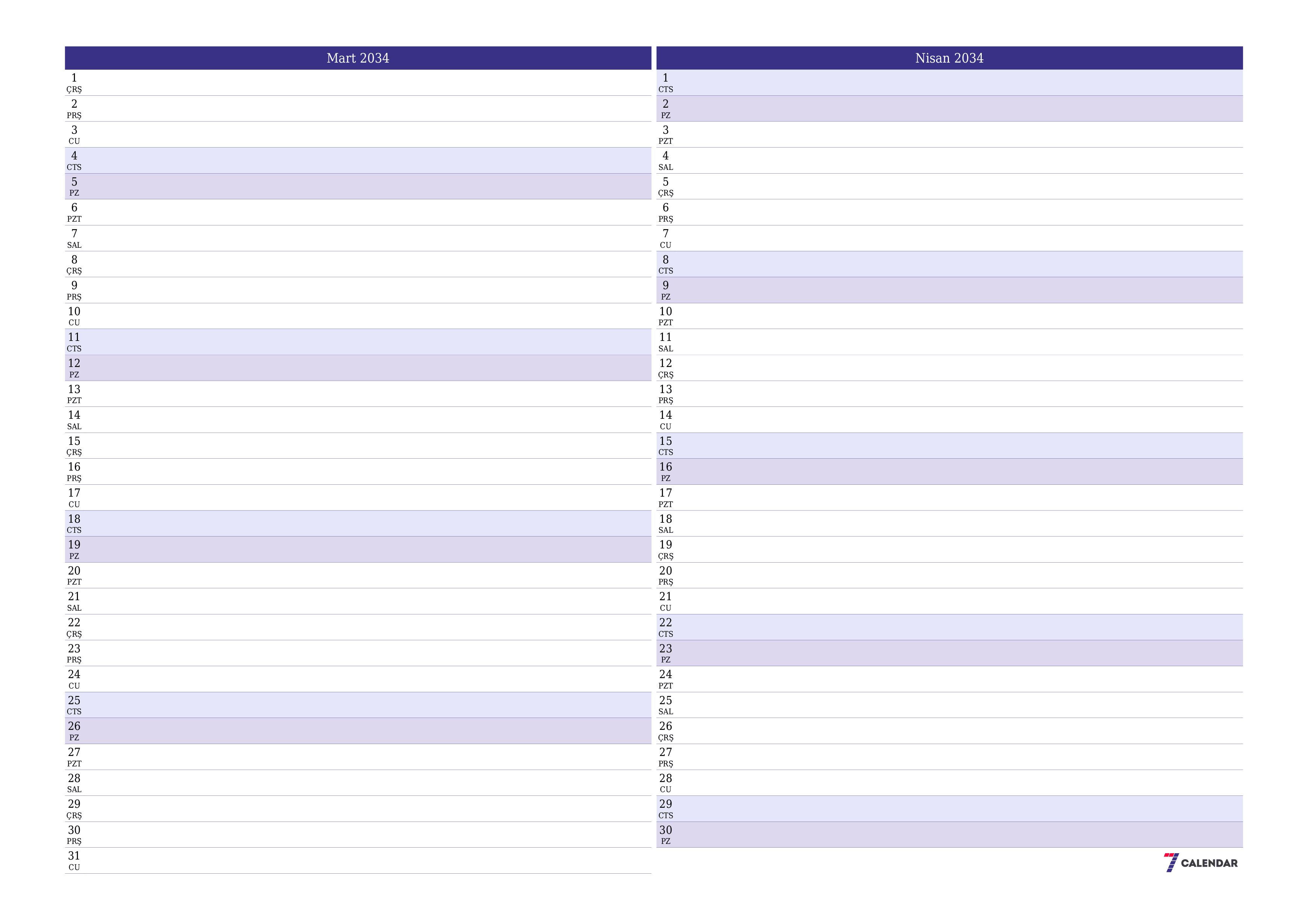 Mart 2034 ayı için notlarla birlikte boş aylık planlayıcı, kaydedin ve PDF'ye yazdırın PNG Turkish