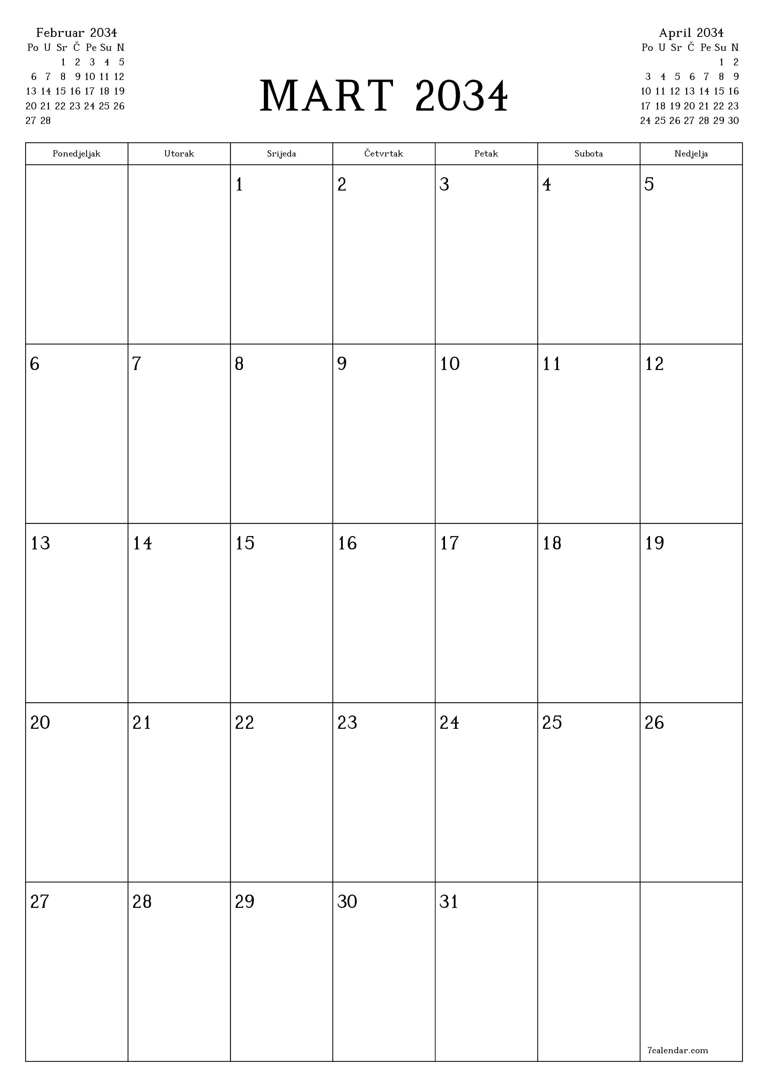  za štampanje zidni šablon a besplatni vertikalno Mjesečno planer kalendar Mart (Mar) 2034