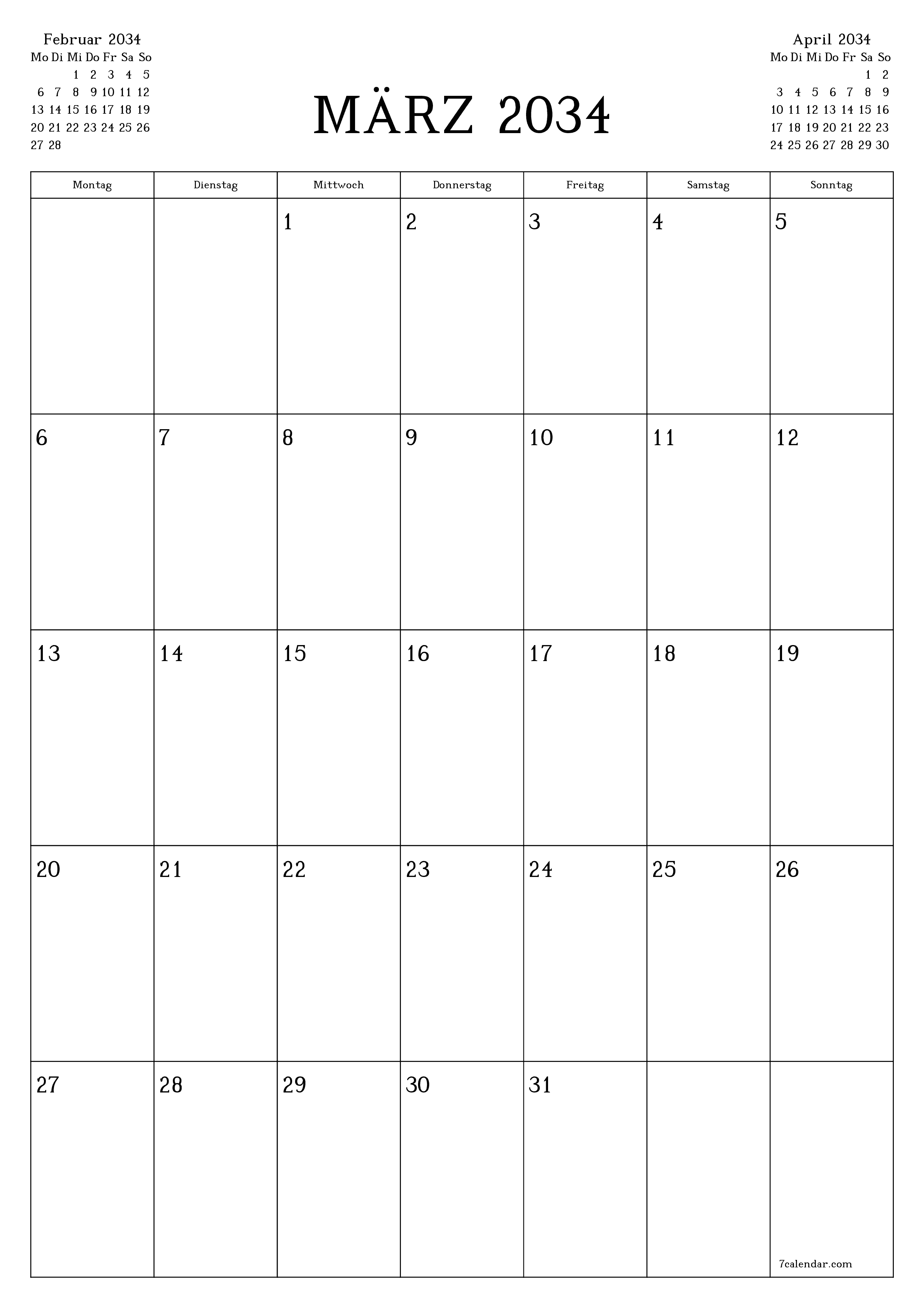  zum Ausdrucken Wandkalender vorlage kostenloser vertikal Monatlich Planer Kalender März (Mär) 2034