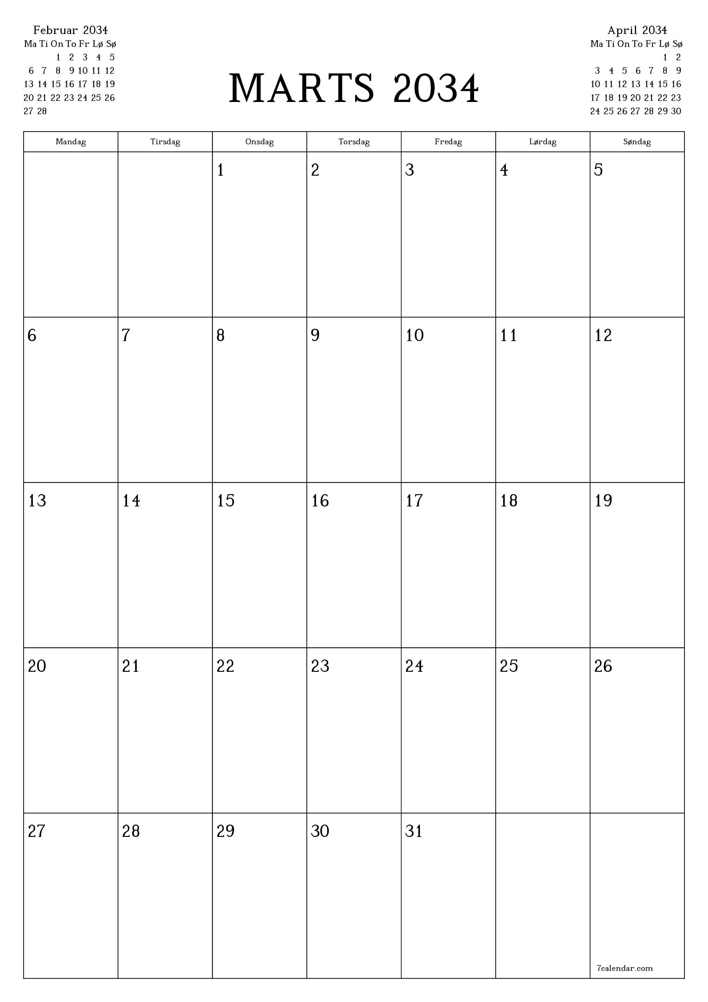 udskrivbar væg skabelon gratis lodret Månedlig planlægger kalender Marts (Mar) 2034