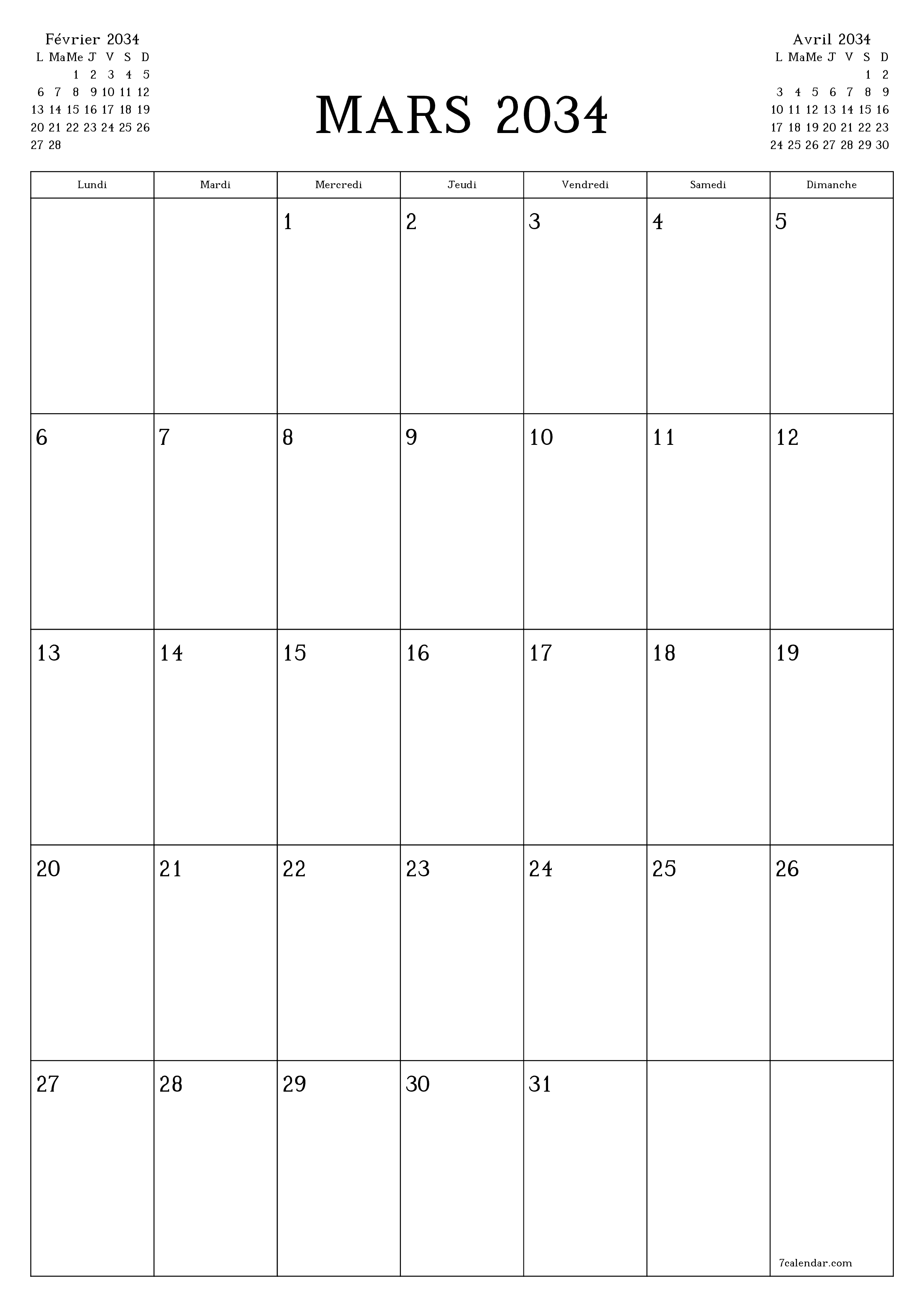  imprimable mural modèle de gratuitverticale Mensuel planificateur calendrier Mars (Mar) 2034