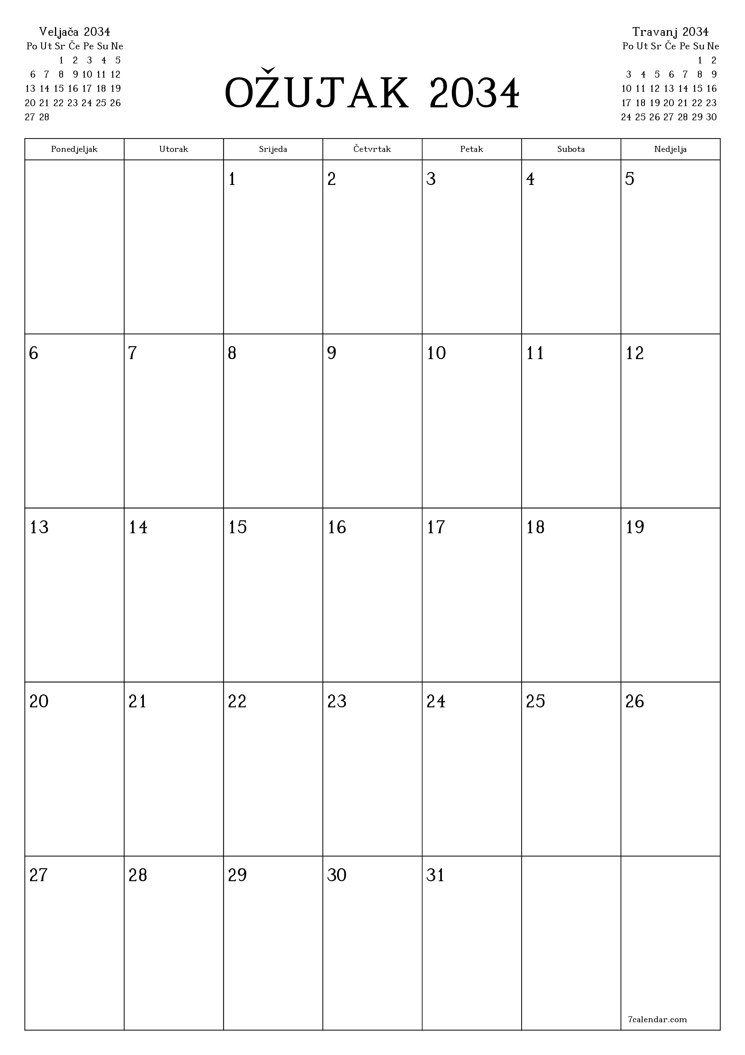  za ispis zidni predložak a besplatni okomito Mjesečni planer kalendar Ožujak (Ožu) 2034