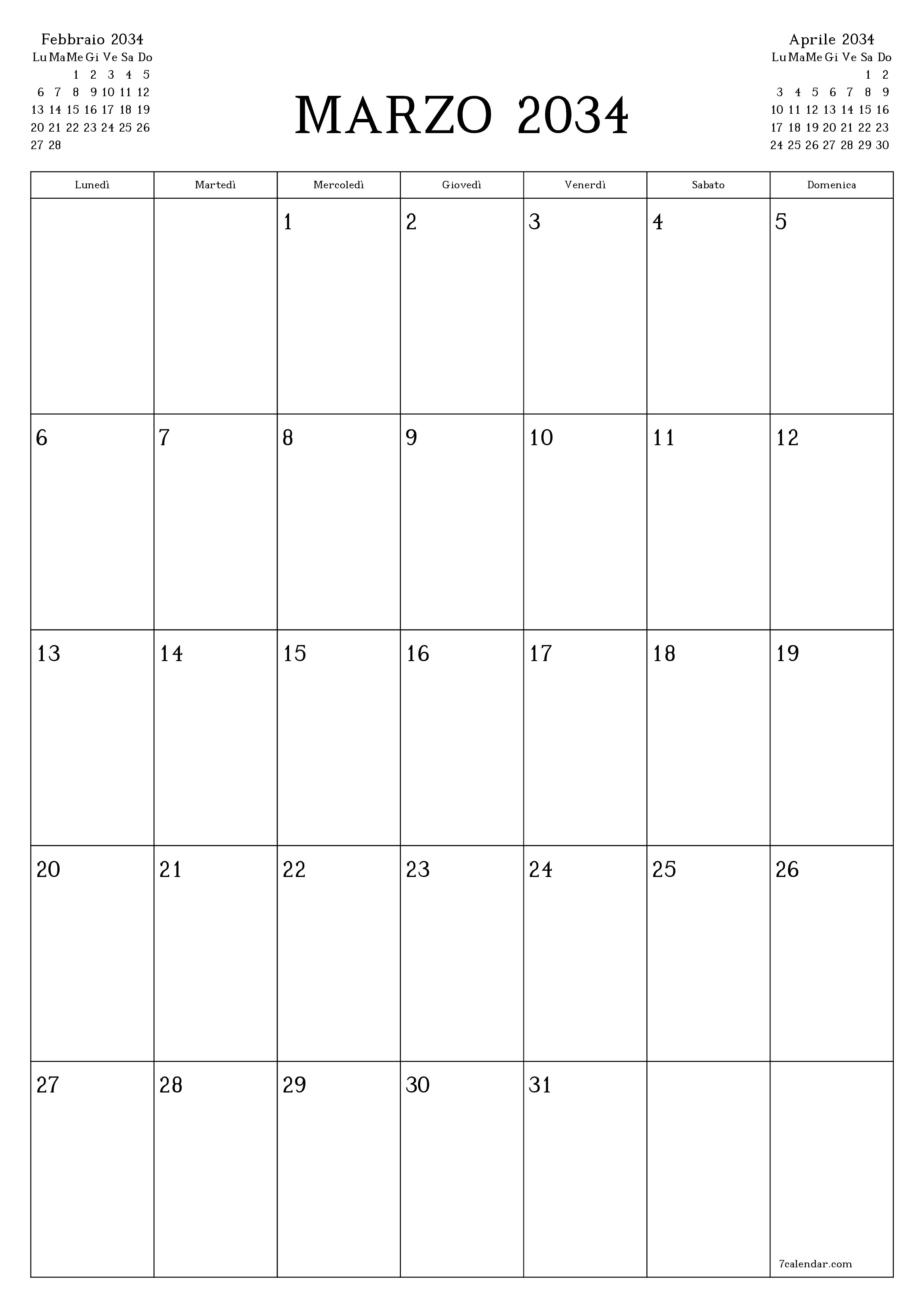 Pianificatore mensile vuoto per il mese Marzo 2034 con note, salva e stampa in PDF PNG Italian