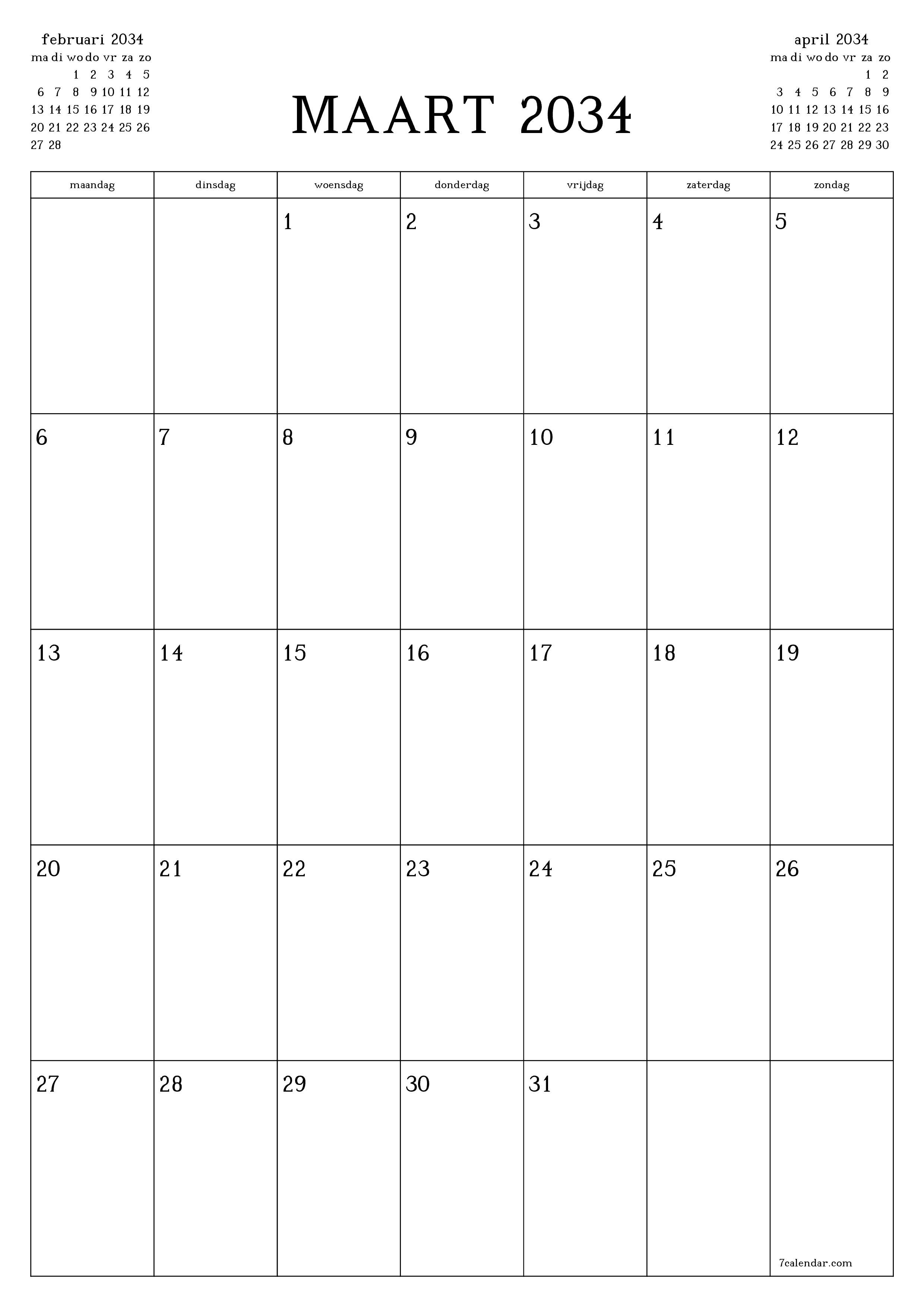 Lege maandplanner voor maand maart 2034 met notities, opslaan en afdrukken naar pdf PNG Dutch