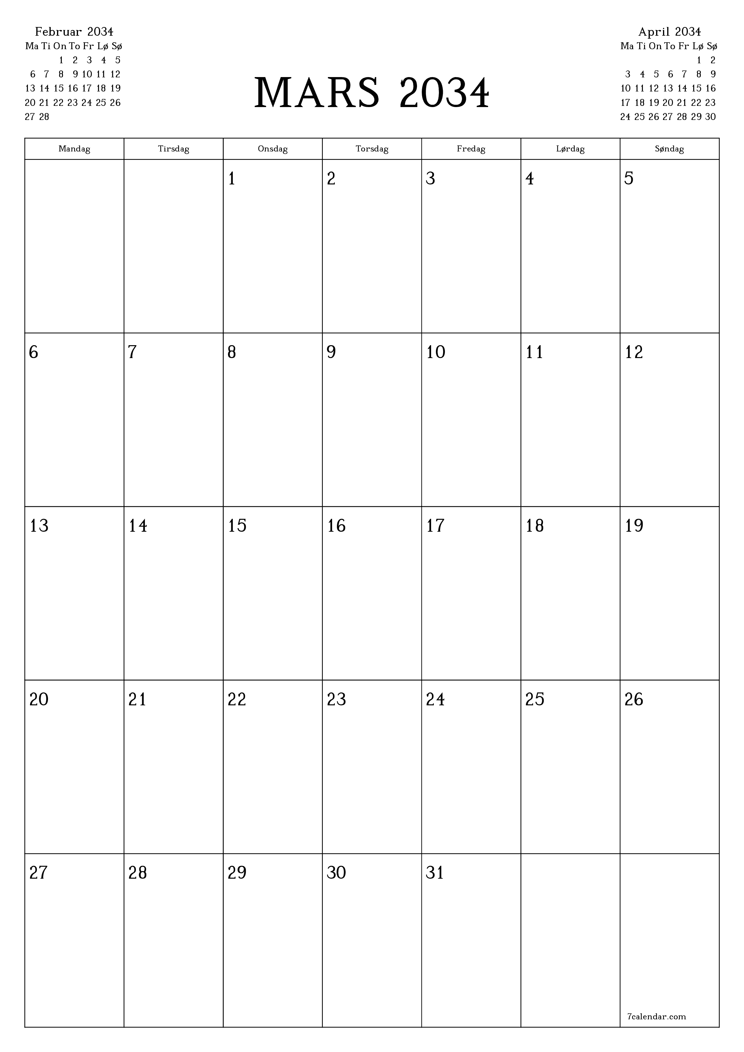 utskrivbar vegg mal gratis vertikal Månedlig planlegger kalender Mars (Mar) 2034