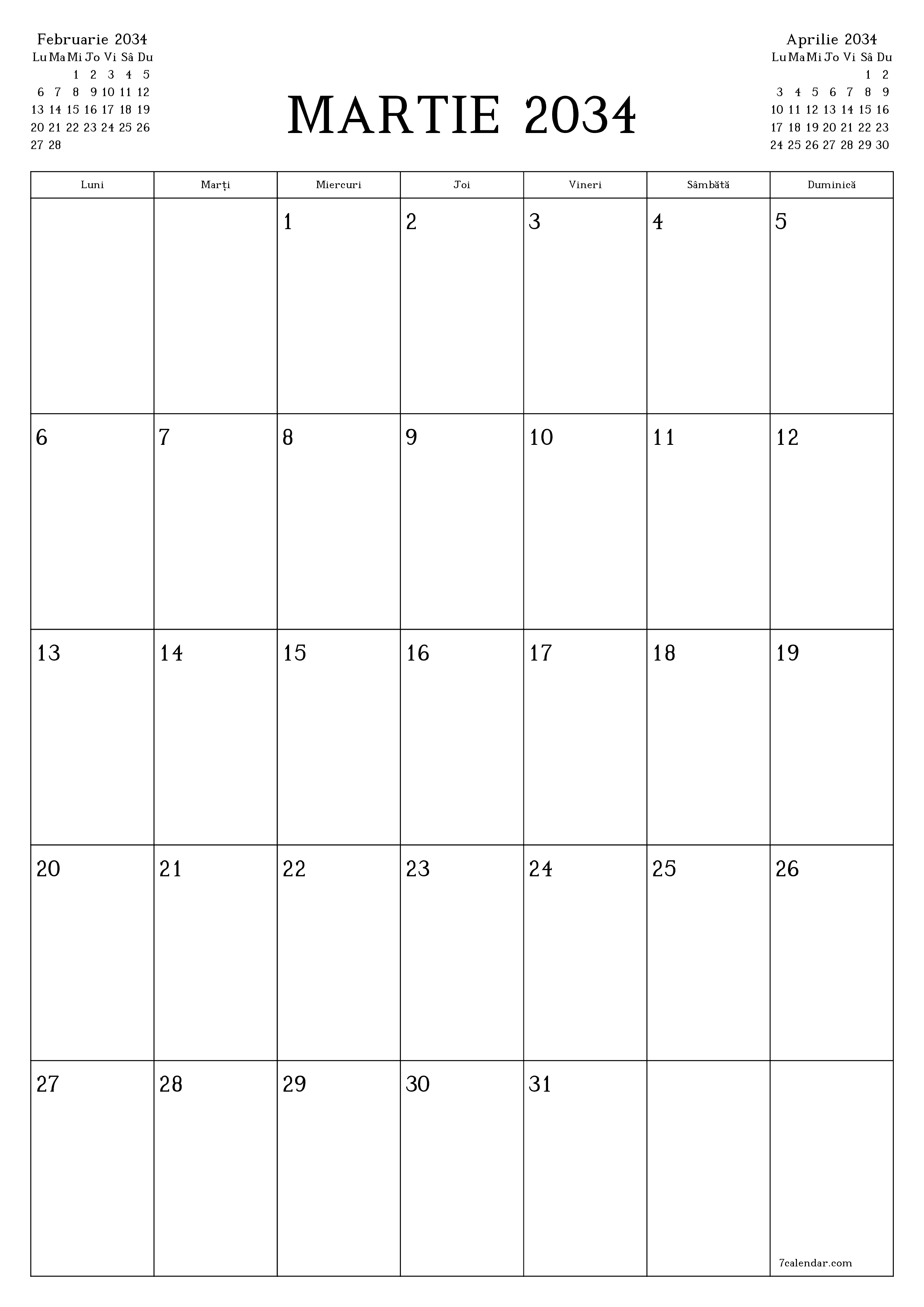  imprimabil de perete șablon de gratuitvertical Lunar planificator calendar Martie (Mar) 2034