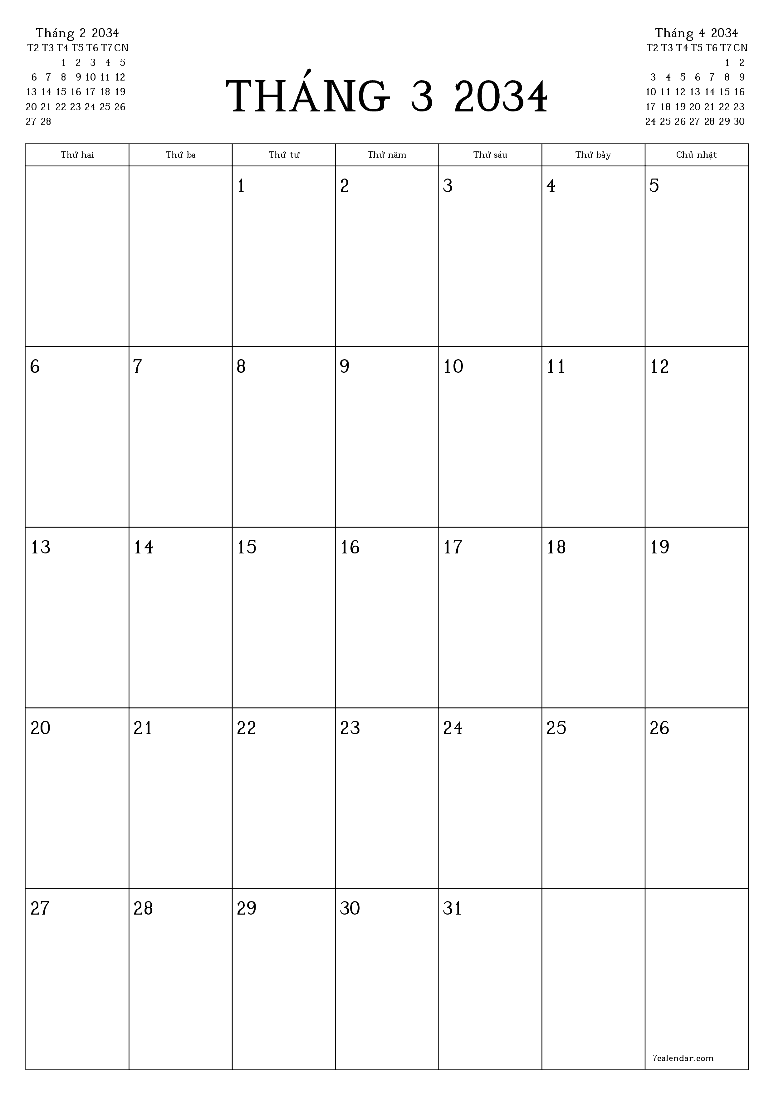Công cụ lập kế hoạch hàng tháng trống cho tháng Tháng 3 2034 có ghi chú, lưu và in sang PDF PNG Vietnamese
