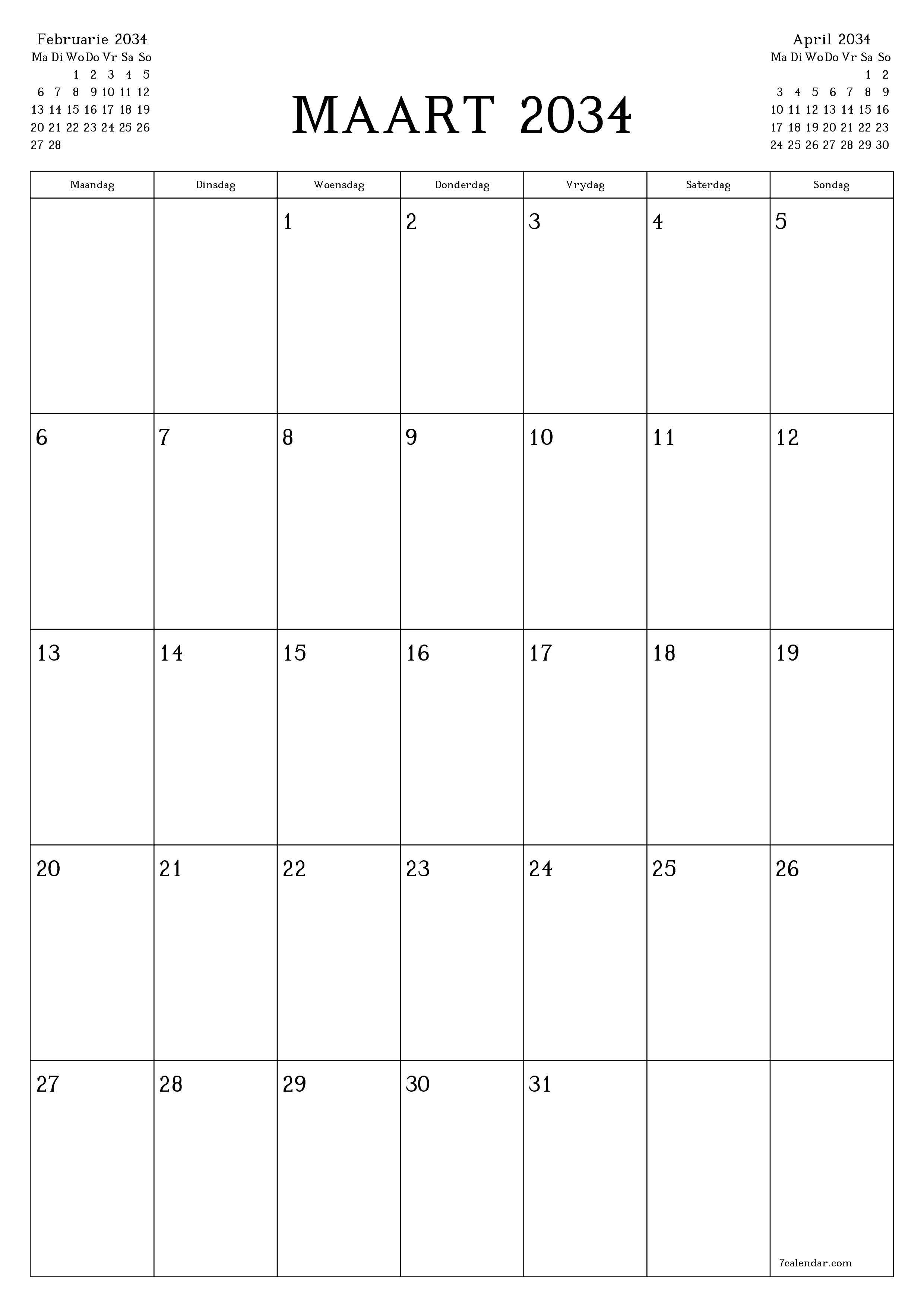drukbare muur template gratis vertikaal Maandeliks beplanner kalender Maart (Mar) 2034