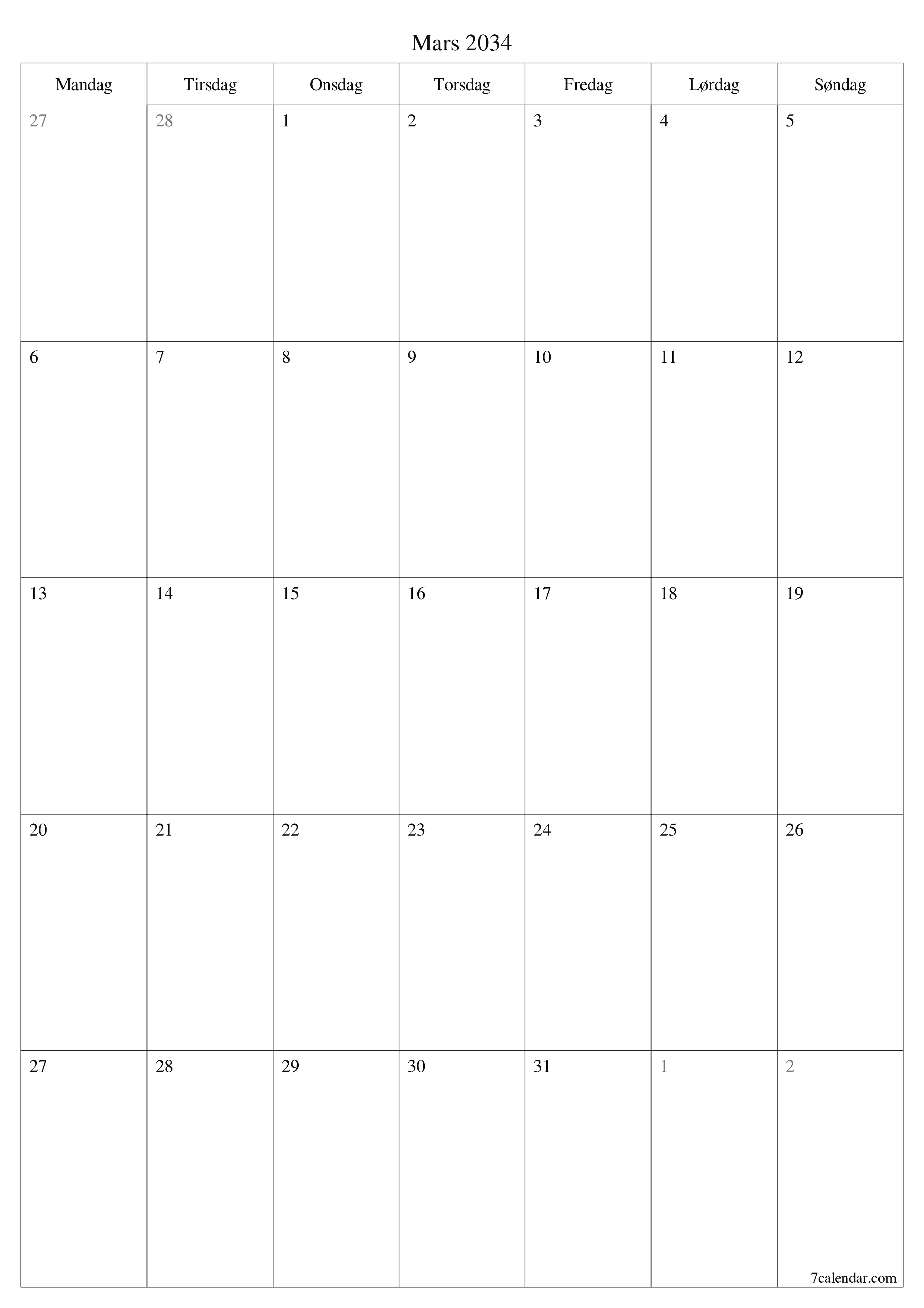 utskrivbar vegg mal gratis vertikal Månedlig planlegger kalender Mars (Mar) 2034