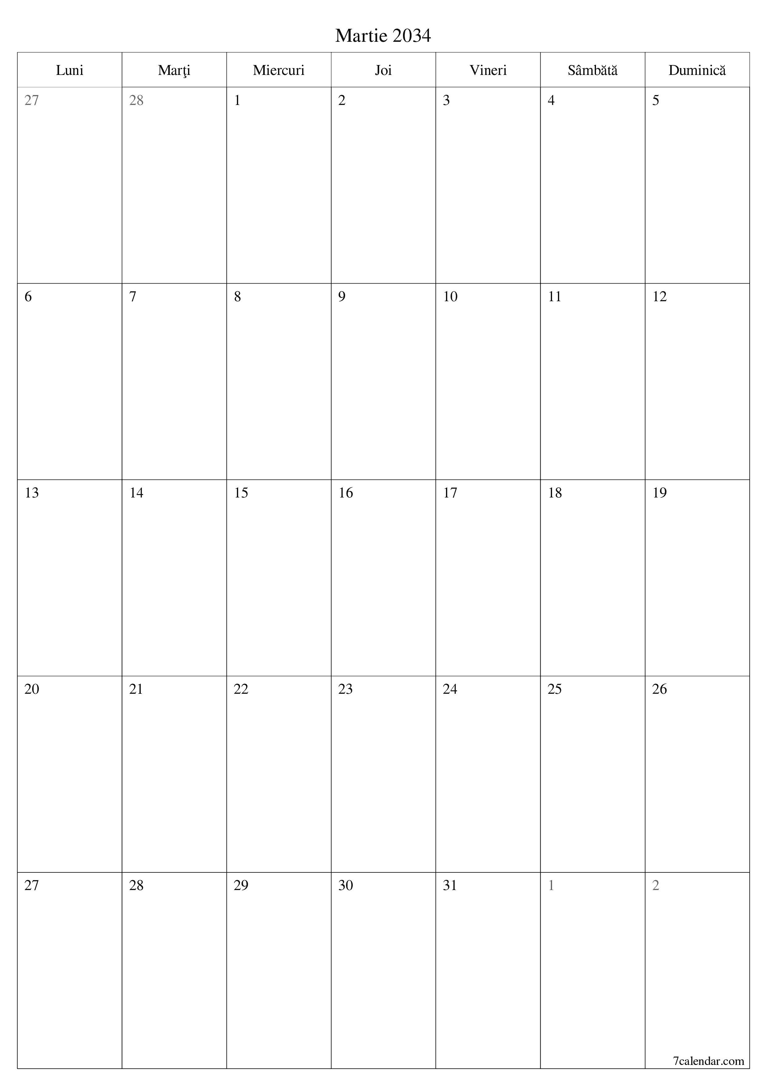  imprimabil de perete șablon de gratuitvertical Lunar planificator calendar Martie (Mar) 2034