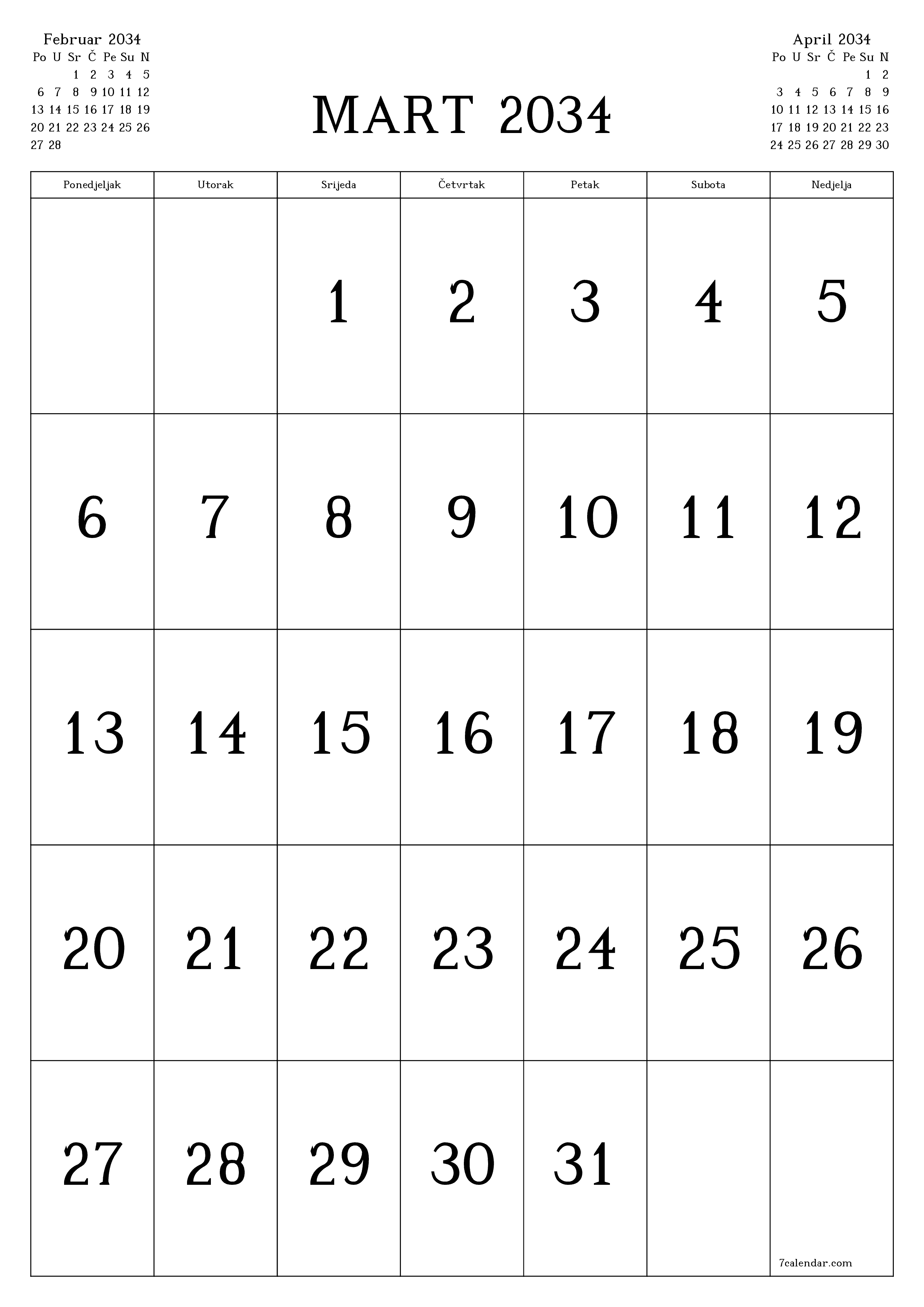  za štampanje zidni šablon a besplatni vertikalno Mjesečno kalendar Mart (Mar) 2034