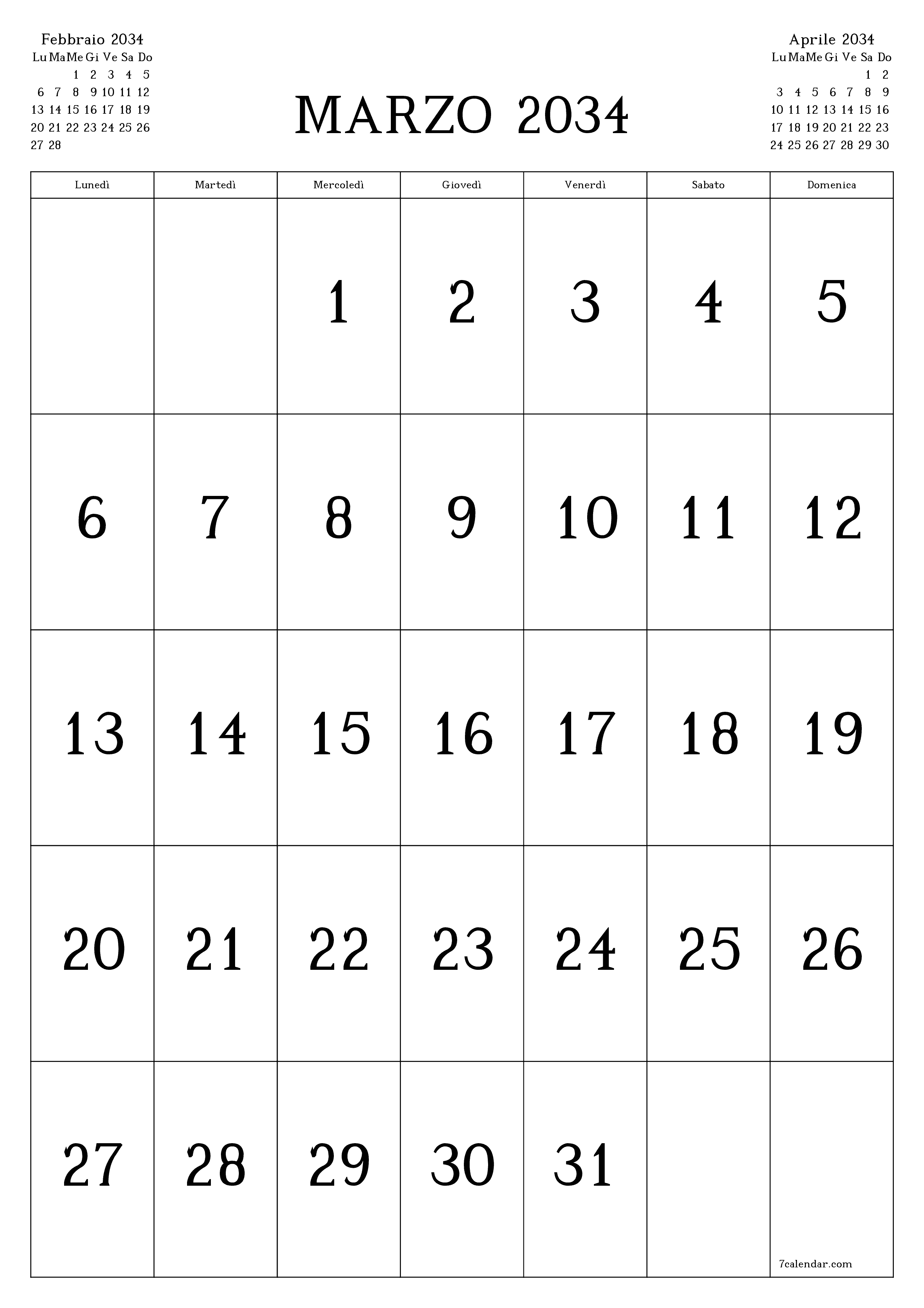 Pianificatore mensile vuoto per il mese Marzo 2034 con note, salva e stampa in PDF PNG Italian
