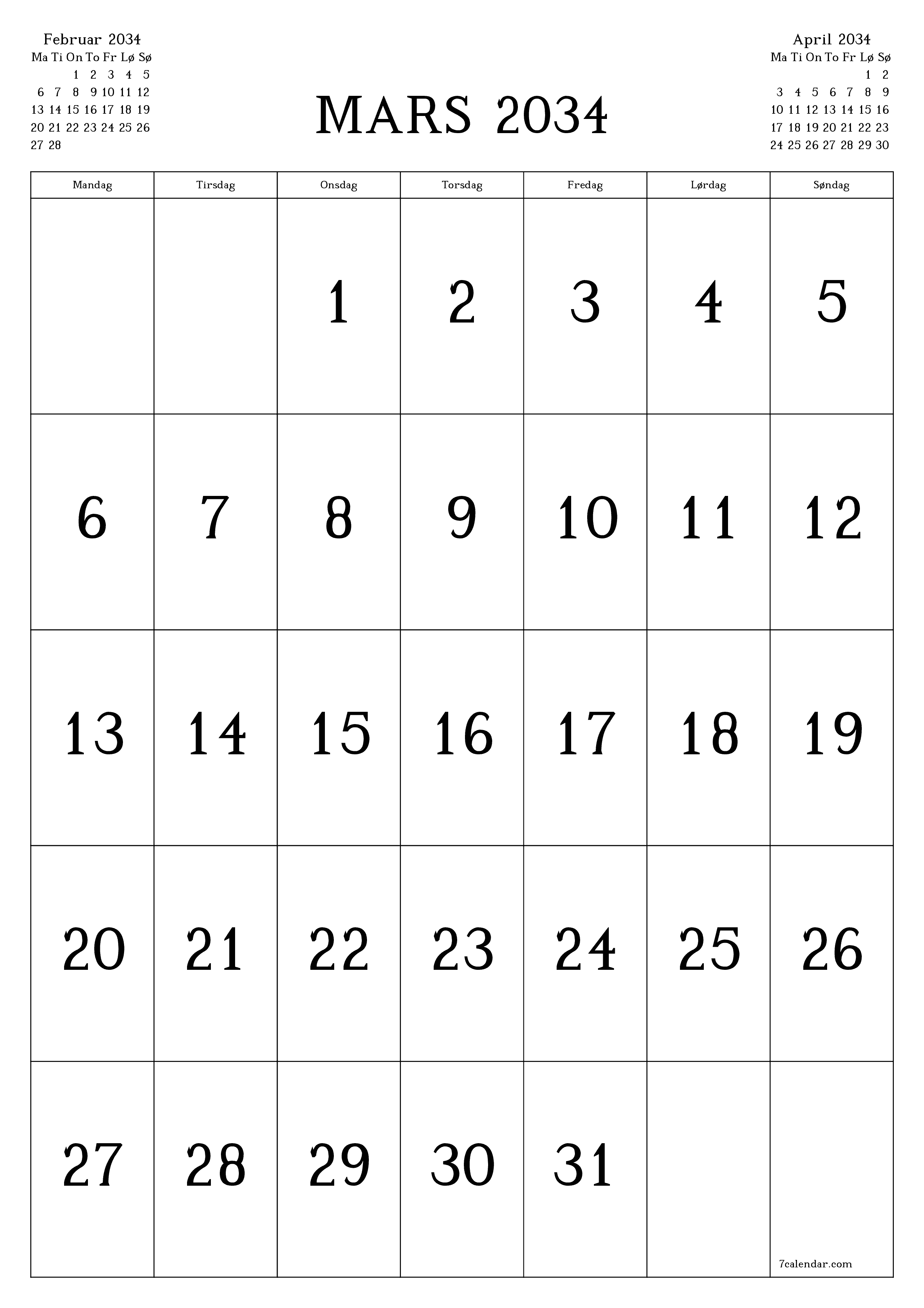utskrivbar vegg mal gratis vertikal Månedlig kalender Mars (Mar) 2034