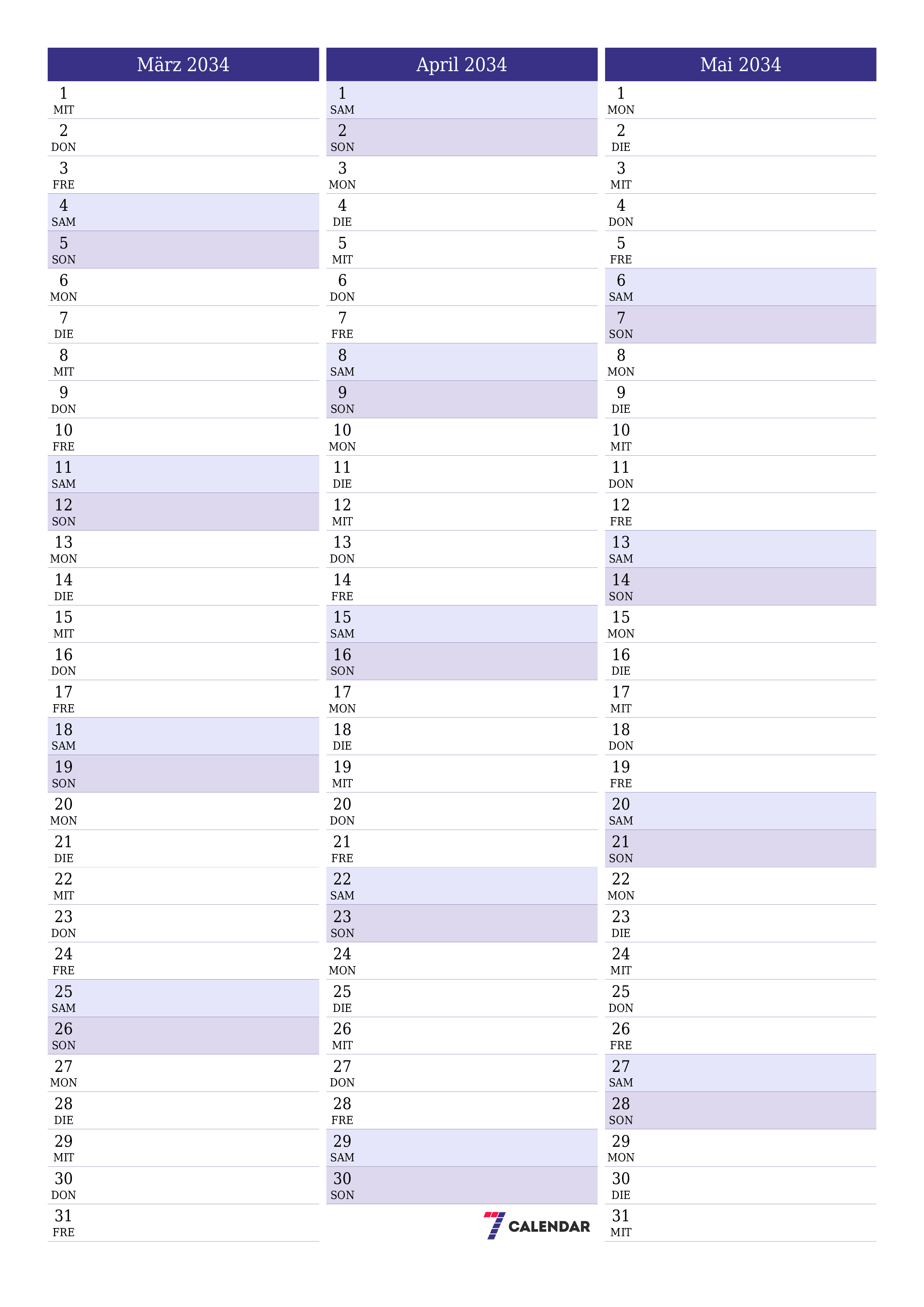  zum Ausdrucken Wandkalender vorlage kostenloser vertikal Monatlich Planer Kalender März (Mär) 2034