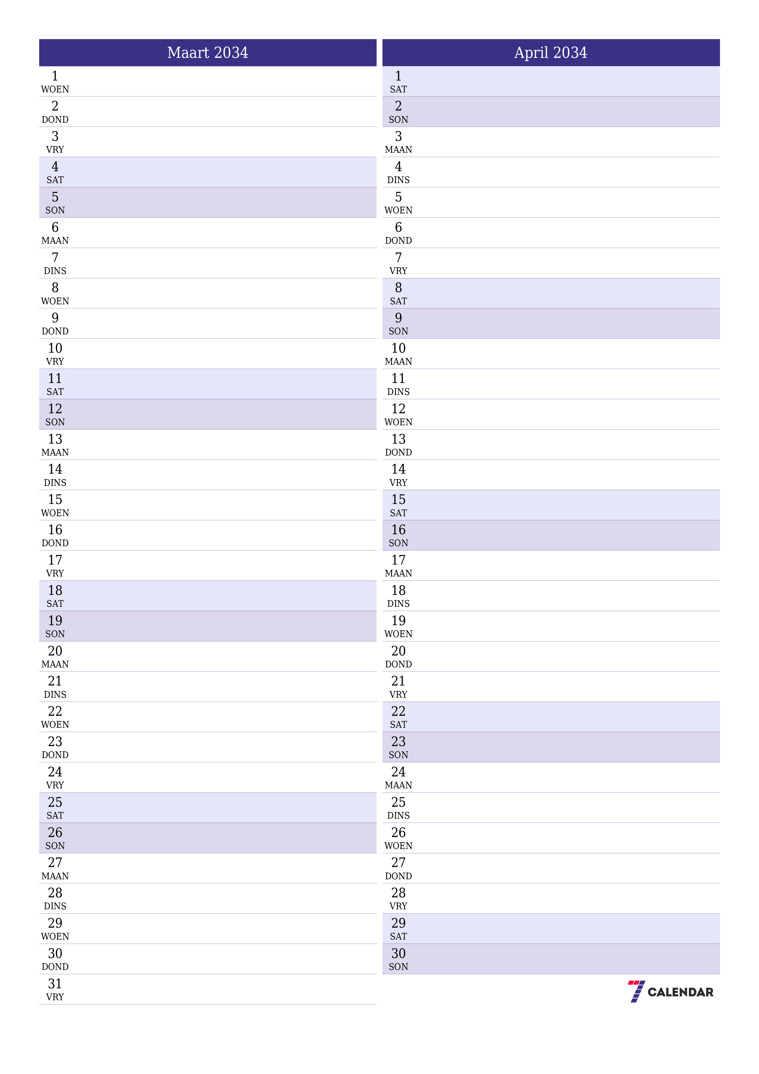 Leë maandelikse drukbare kalender en beplanner vir maand Maart 2034 met notas stoor en druk na PDF PNG Afrikaans