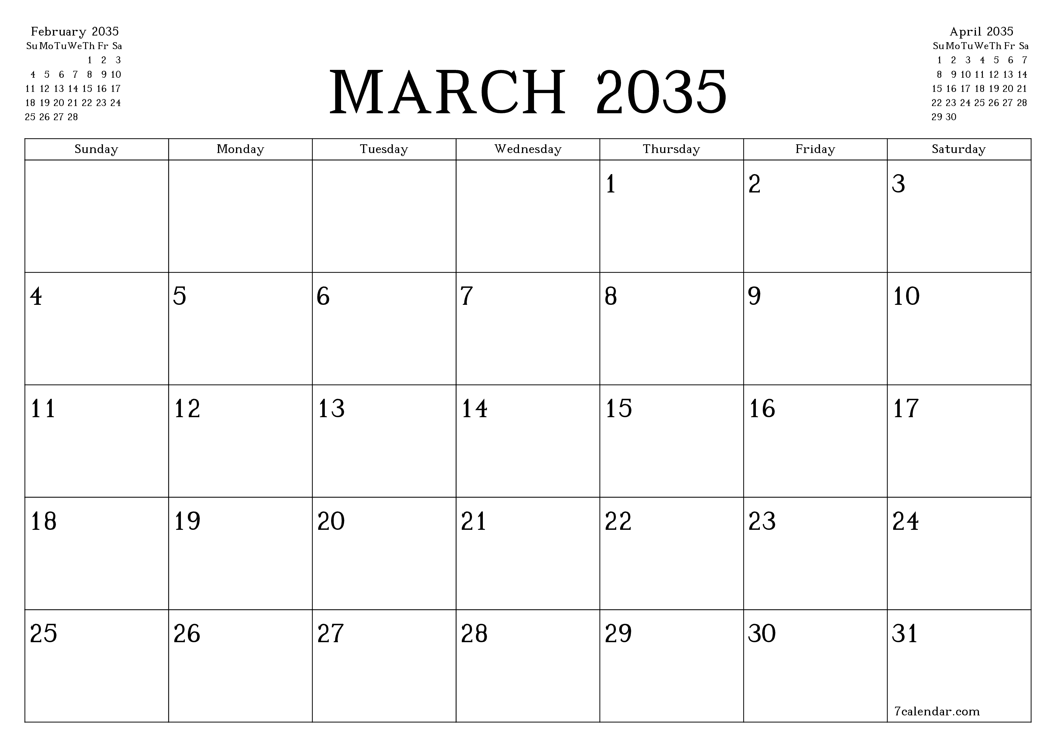 Blank calendar March 2035
