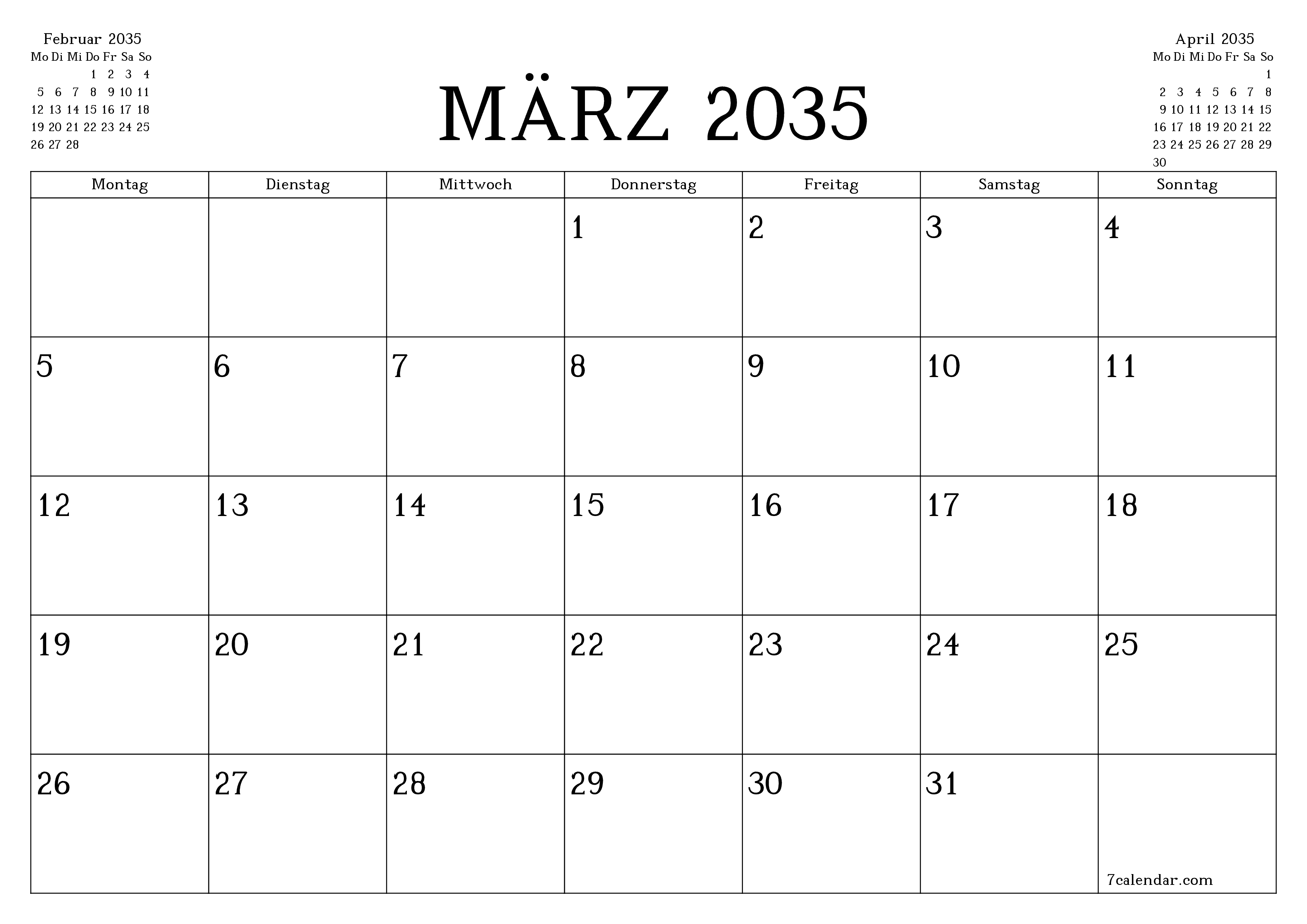 Monatsplaner für Monat März 2035 mit Notizen leeren, speichern und als PDF PNG German - 7calendar.com drucken
