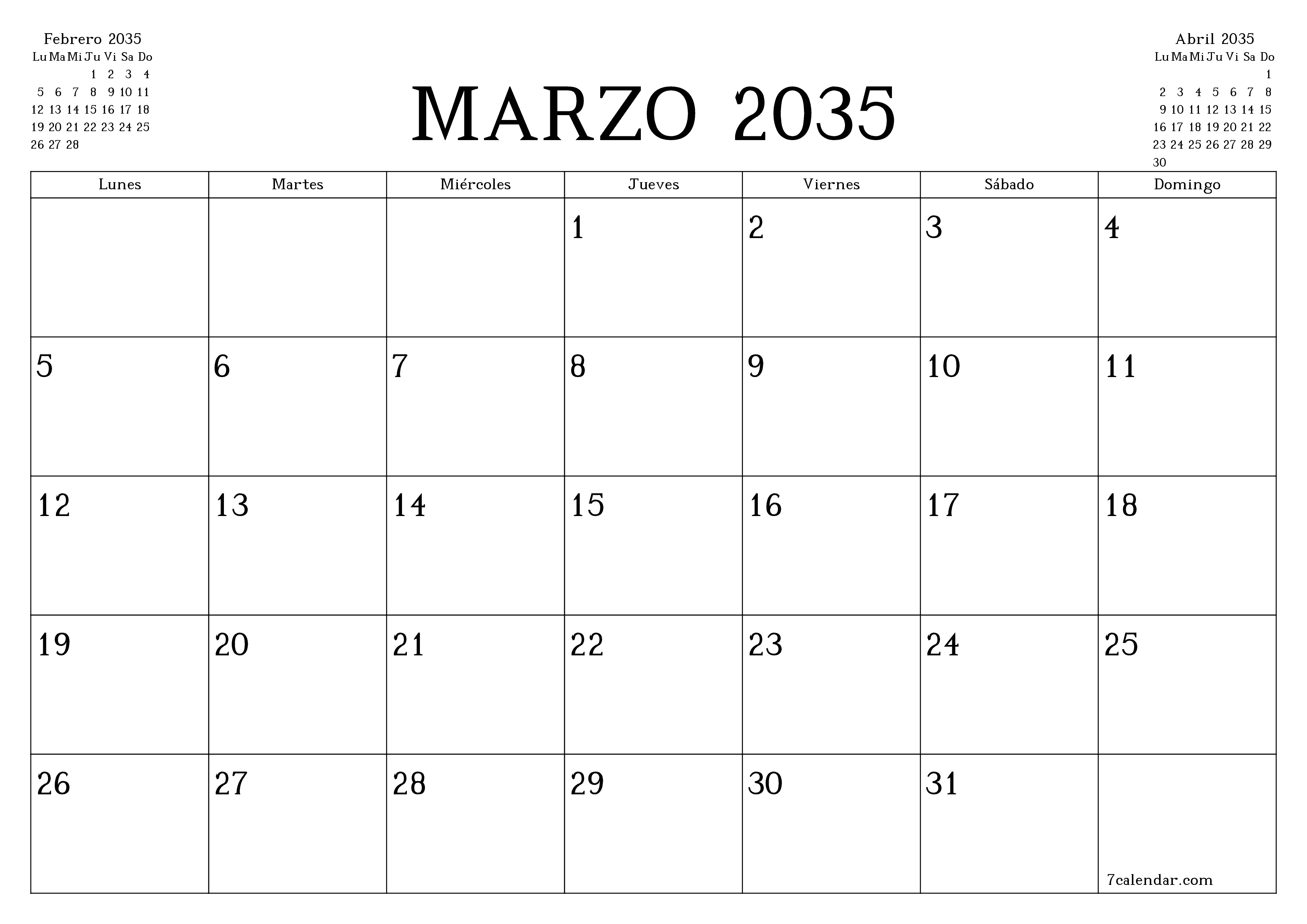 Planificador mensual vacío para el mes Marzo 2035 con notas, guardar e imprimir en PDF PNG Spanish