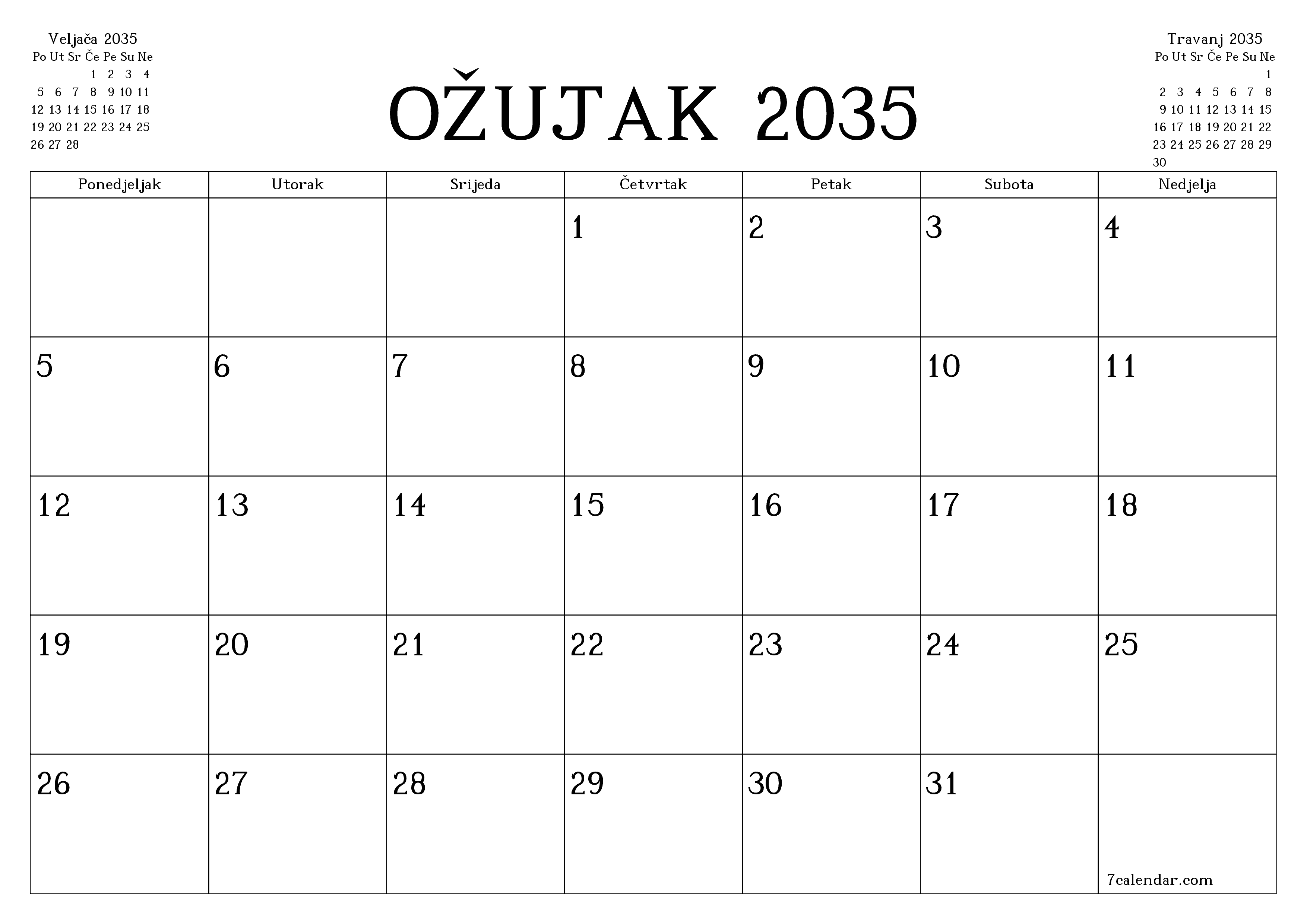 Ispraznite mjesečni planer za mjesec Ožujak 2035 s bilješkama, spremite i ispišite u PDF PNG Croatian