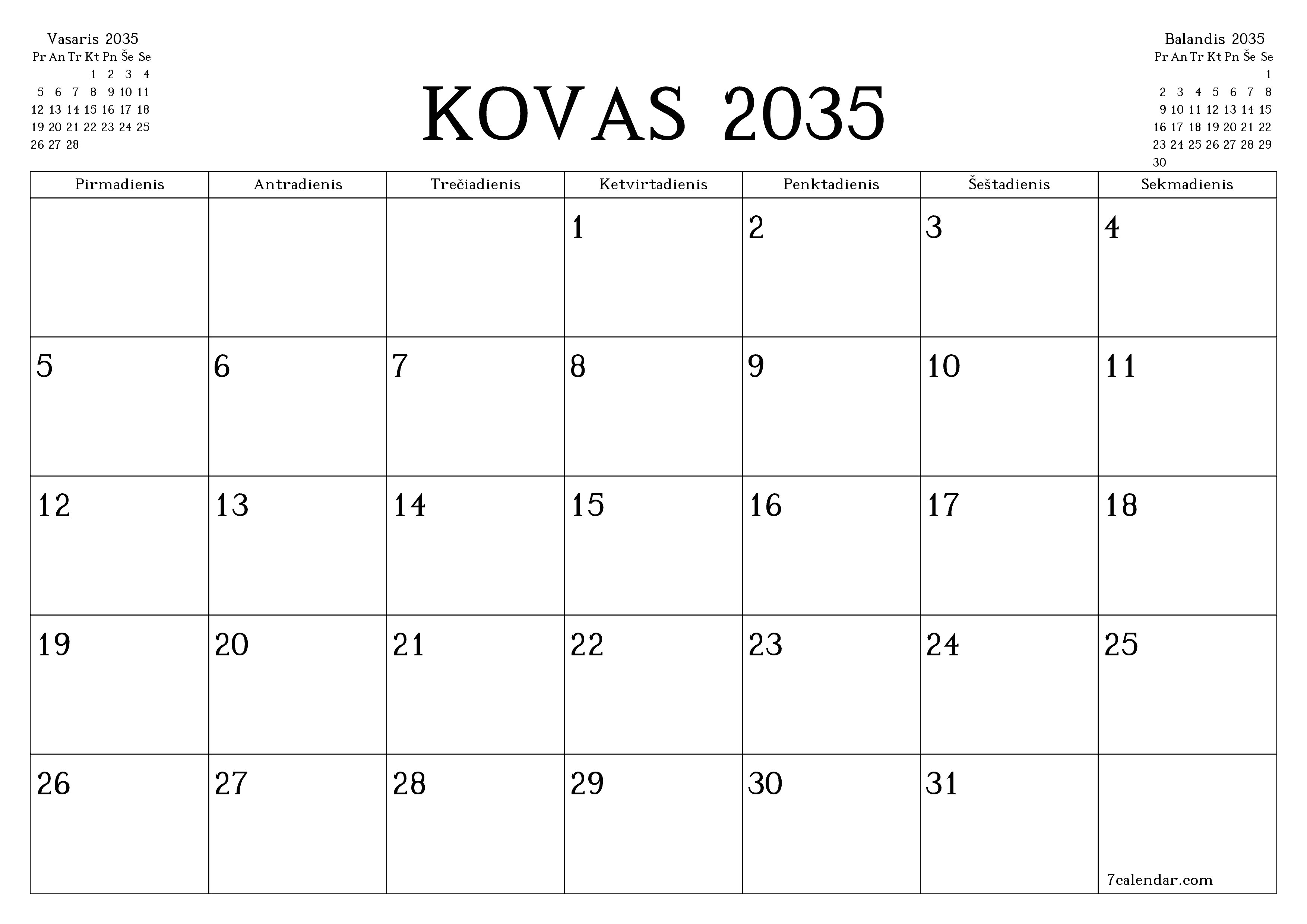 Ištuštinti mėnesio Kovas 2035 mėnesio planavimo priemonę su užrašais, išsaugoti ir atsispausdinti PDF formate PNG Lithuanian