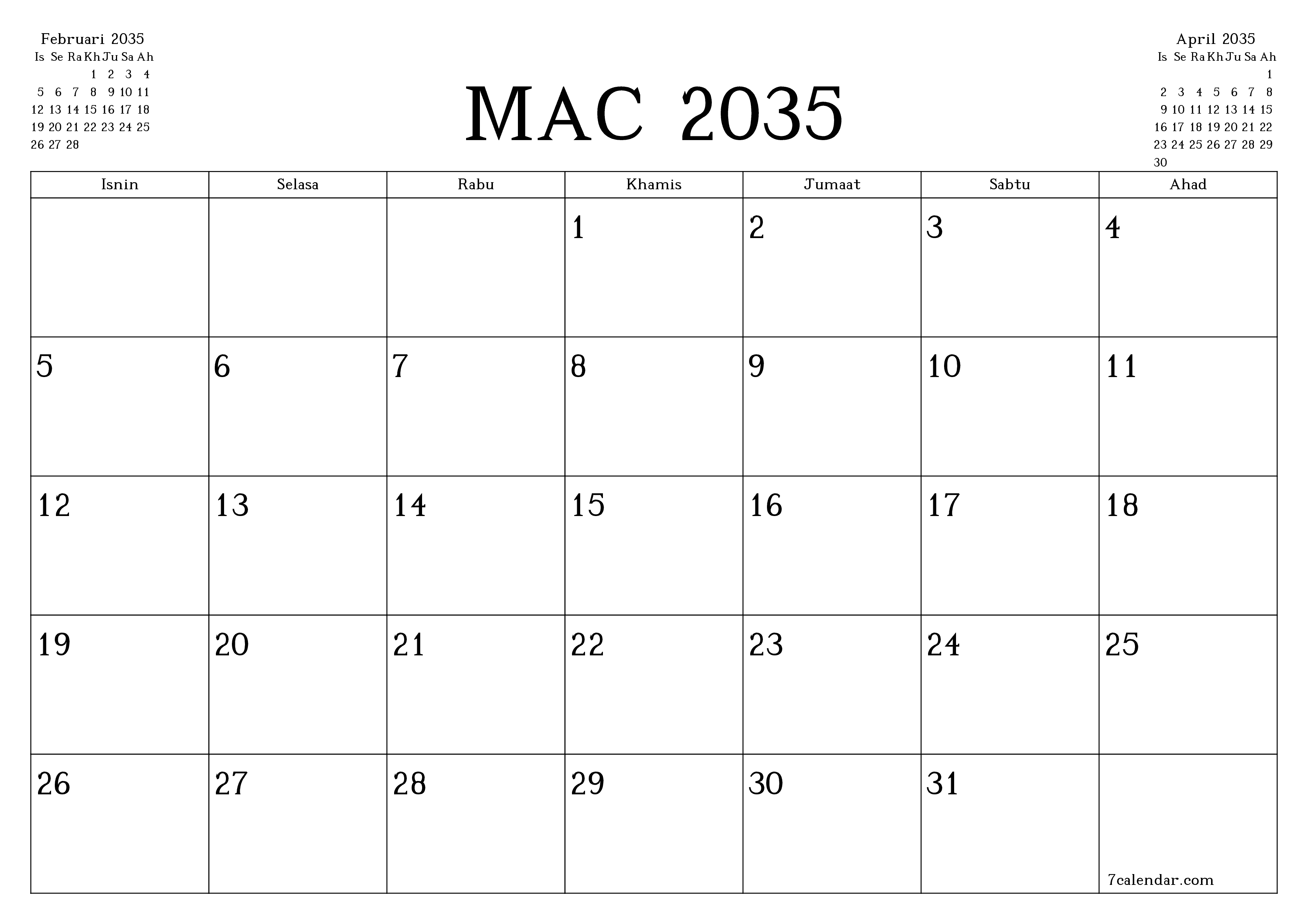 Perancang bulanan kosong untuk bulan Mac 2035 dengan nota, simpan dan cetak ke PDF PNG Malay