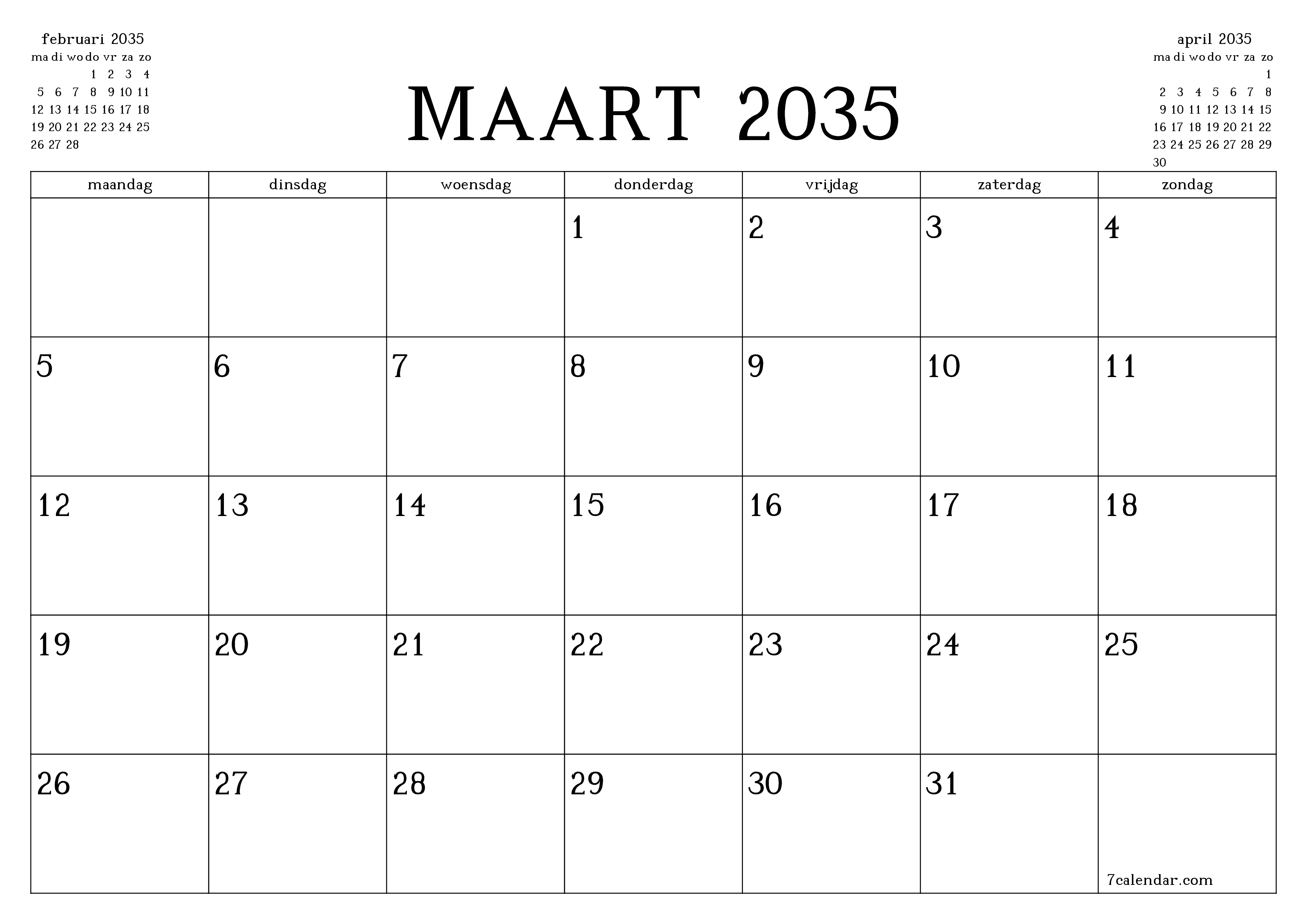 Lege maandplanner voor maand maart 2035 met notities, opslaan en afdrukken naar pdf PNG Dutch