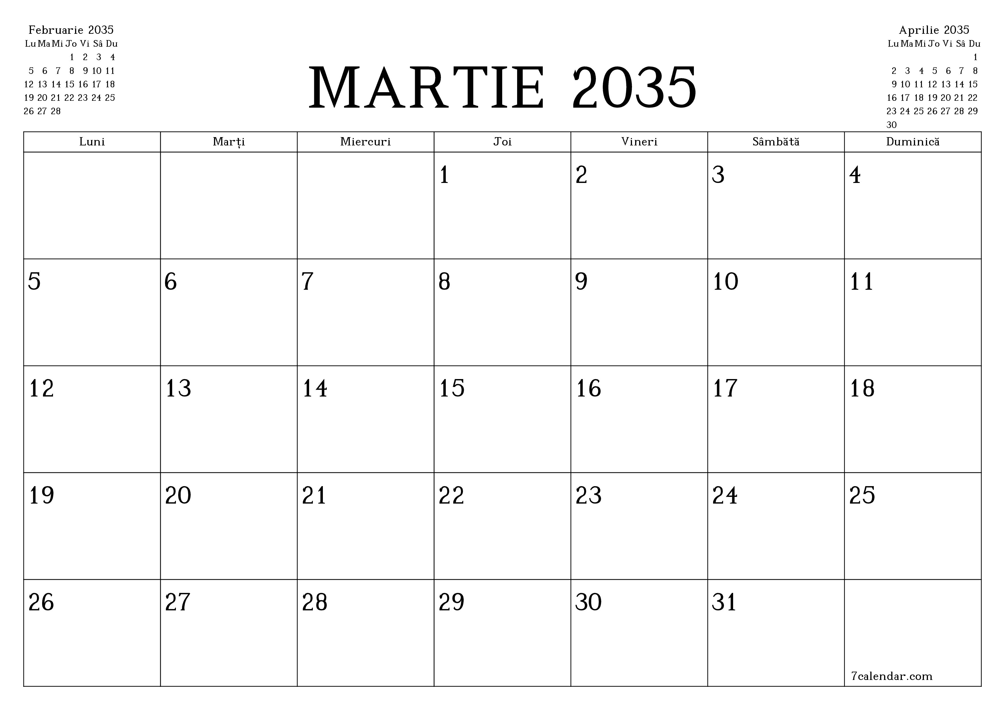 Planificator lunar gol pentru luna Martie 2035 cu note, salvați și tipăriți în PDF PNG Romanian