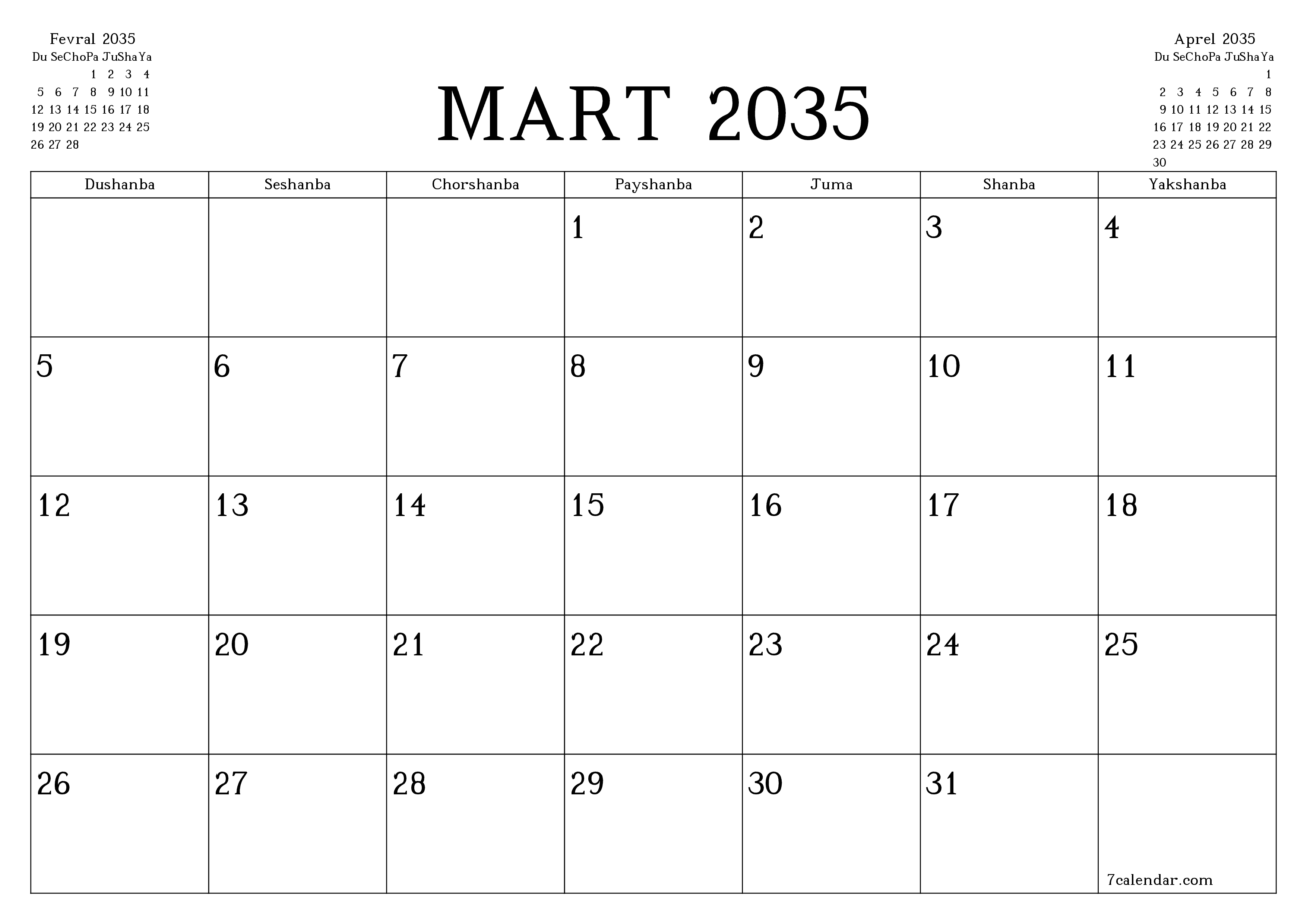 Mart 2035 oylik oylik rejalashtiruvchini yozuvlar bilan bo'shatish, saqlash va PDF-ga chop etish PNG Uzbek