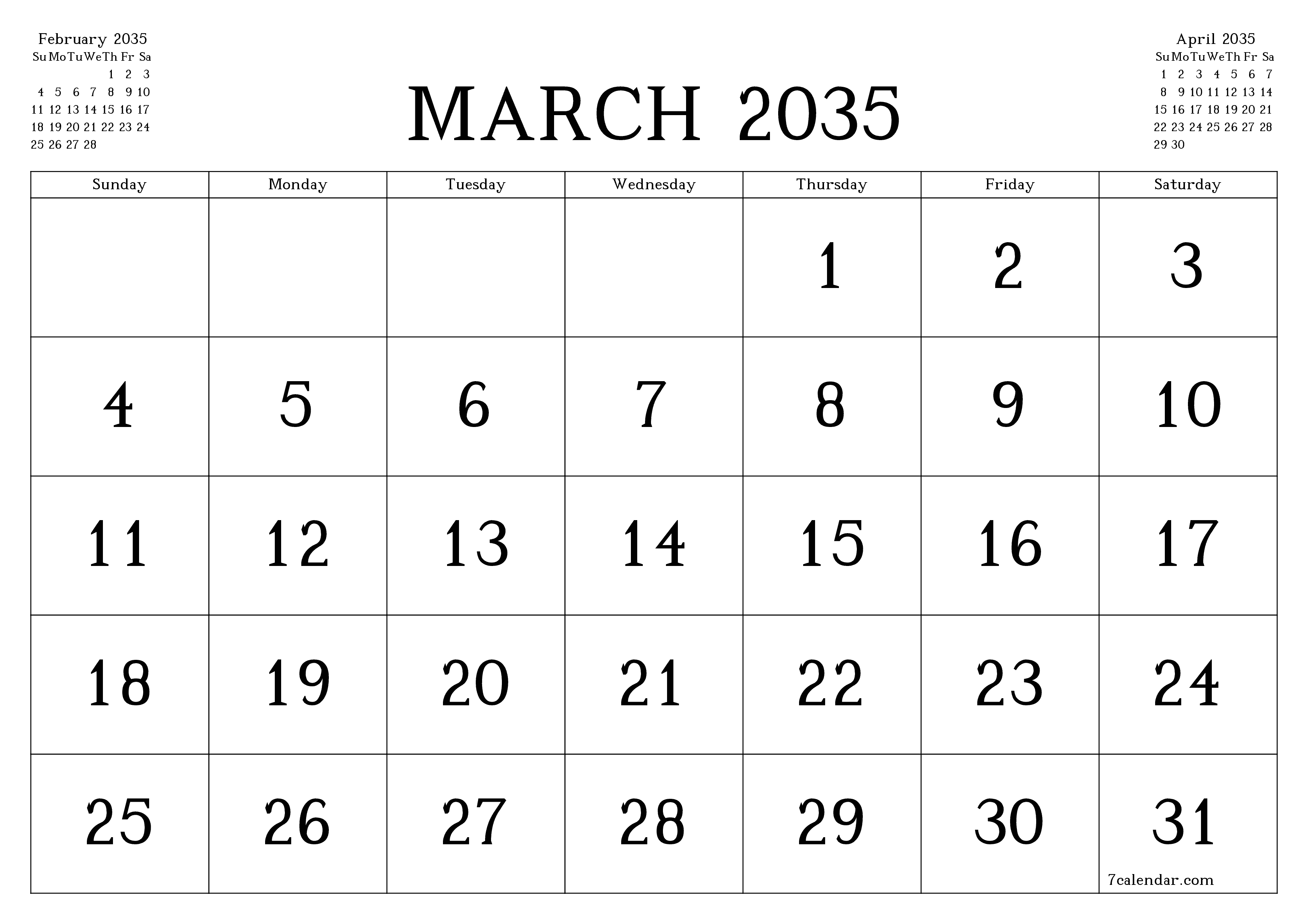 Blank calendar March 2035
