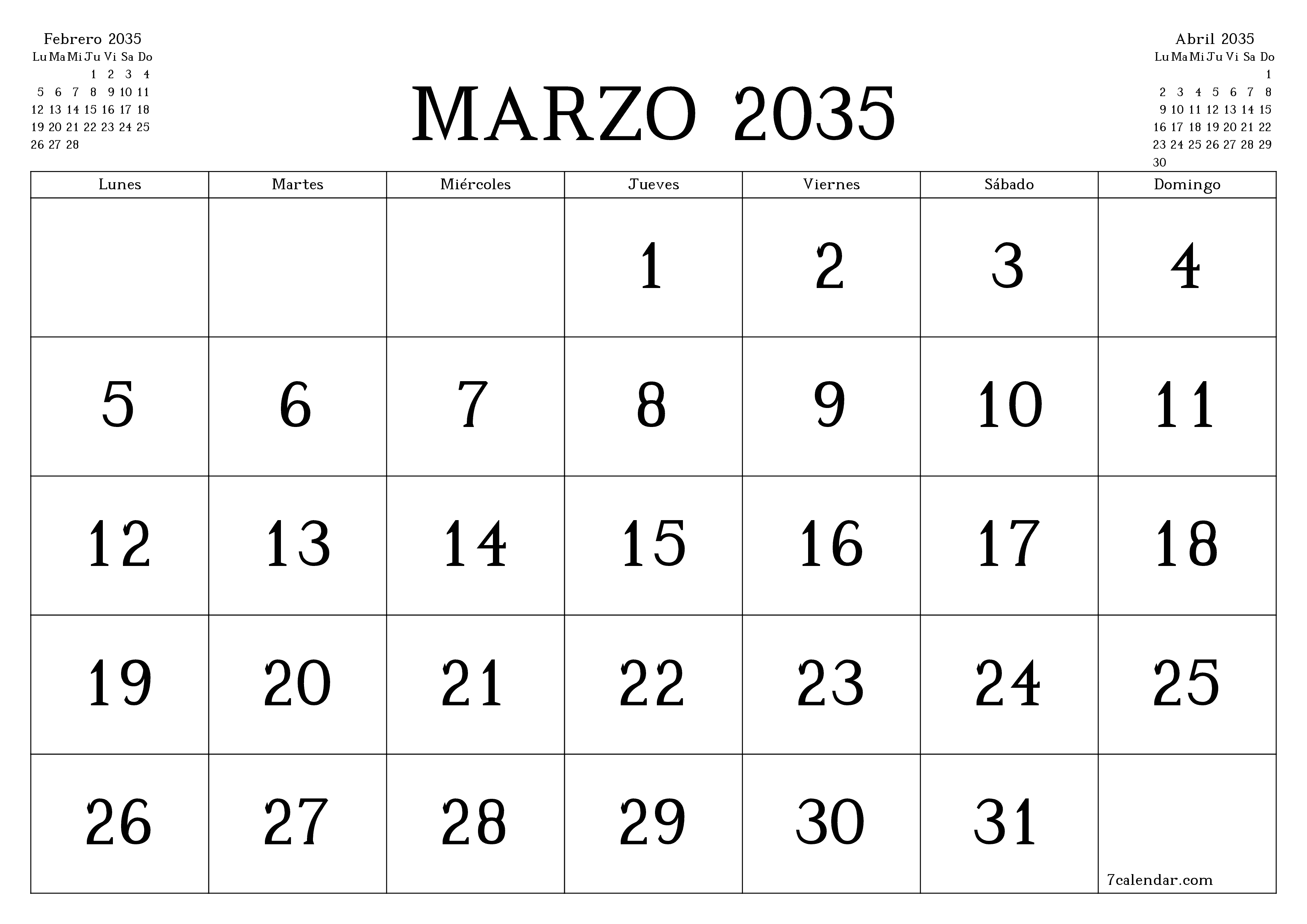 Planificador mensual vacío para el mes Marzo 2035 con notas, guardar e imprimir en PDF PNG Spanish