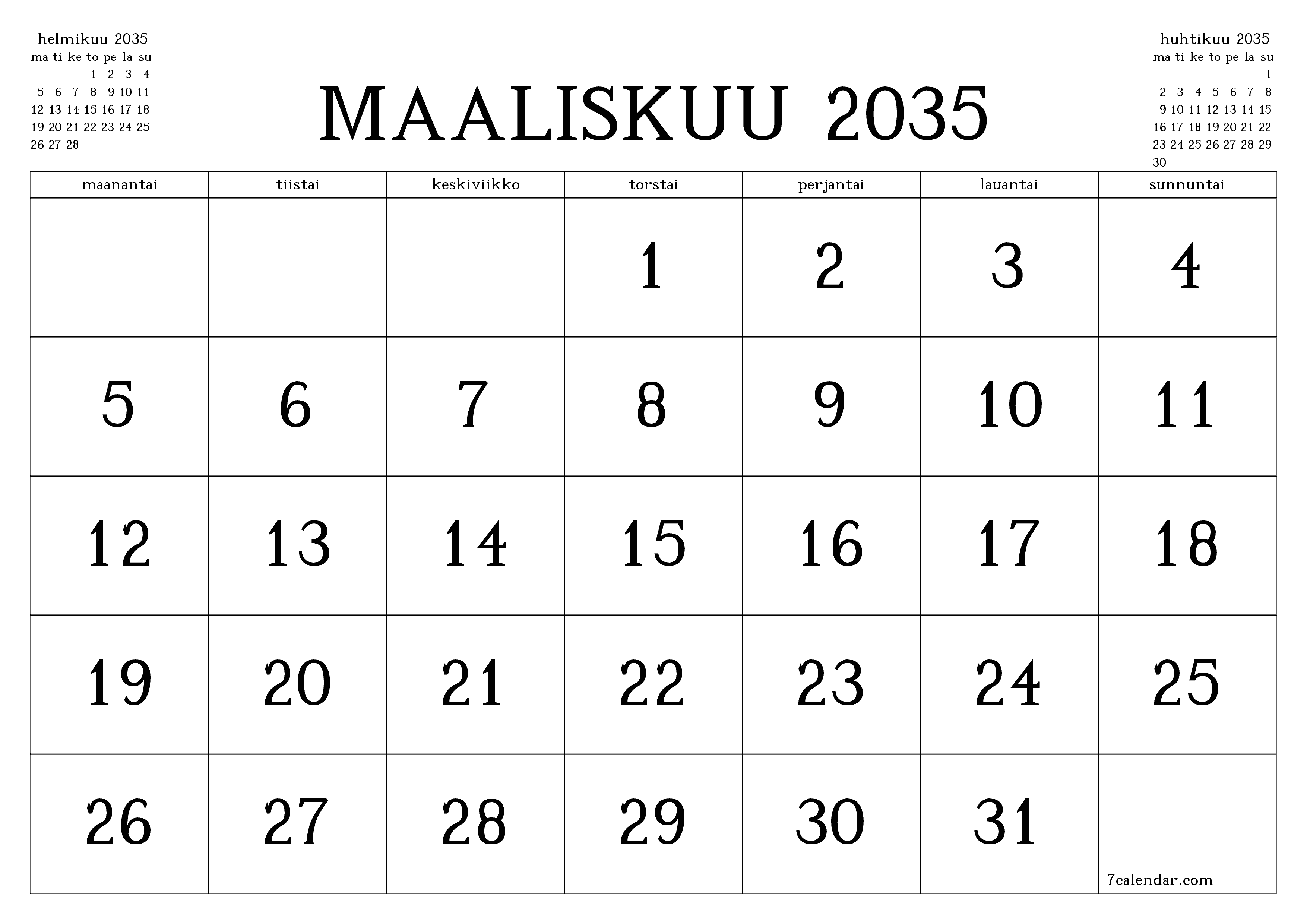 Tyhjennä kuukausittainen suunnittelija kuukaudelle Maaliskuu 2035 muistiinpanoilla, tallenna ja tulosta PDF-muotoon PNG Finnish