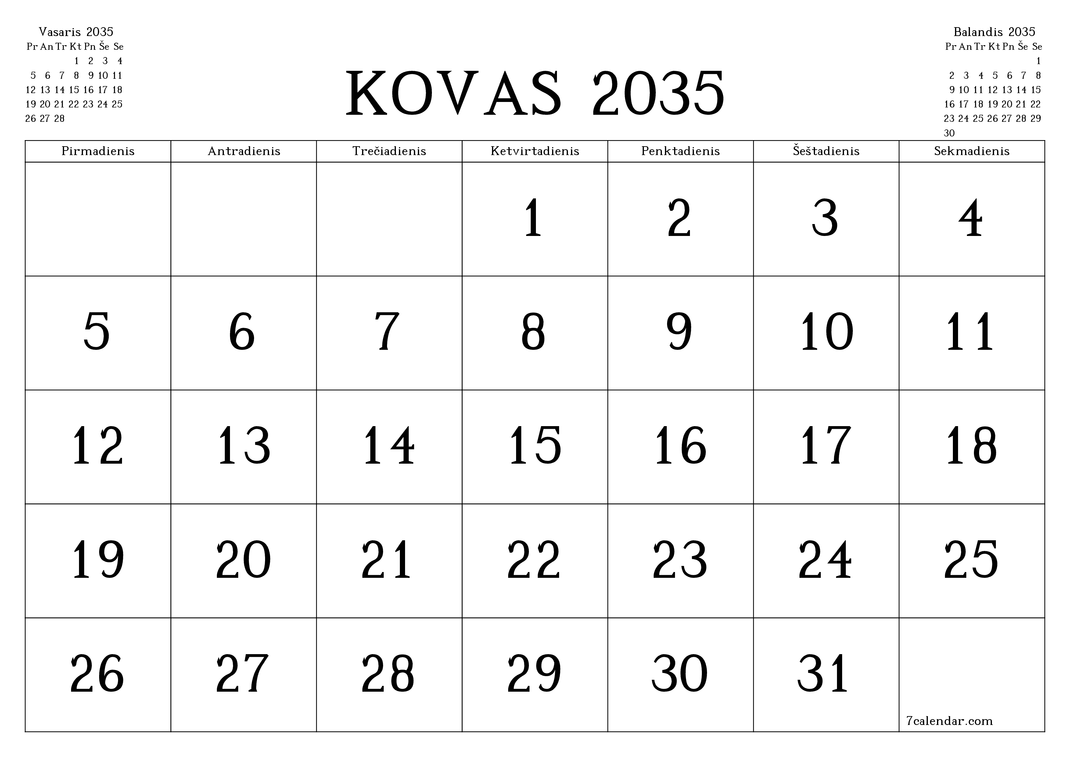Ištuštinti mėnesio Kovas 2035 mėnesio planavimo priemonę su užrašais, išsaugoti ir atsispausdinti PDF formate PNG Lithuanian