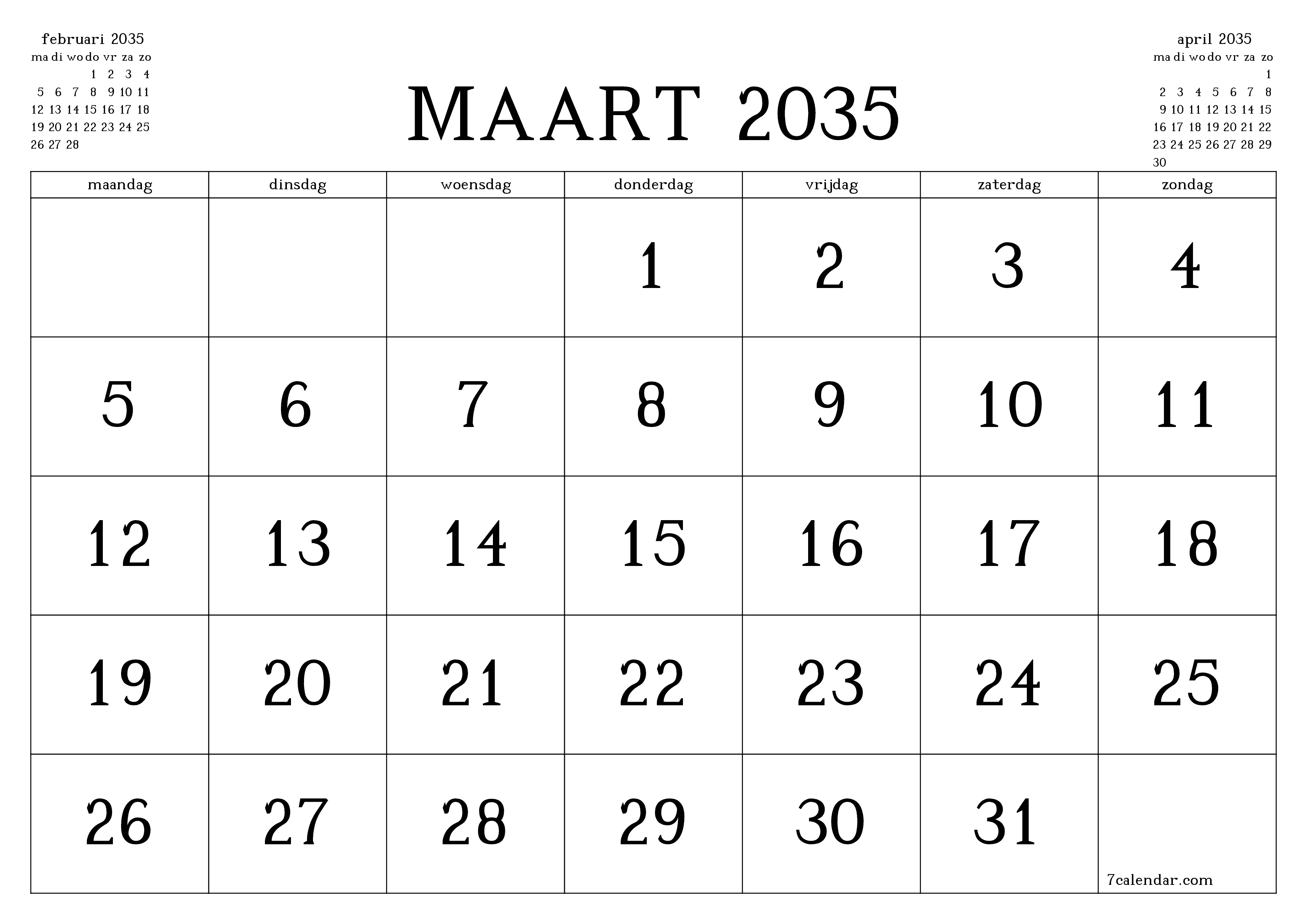 Lege maandplanner voor maand maart 2035 met notities, opslaan en afdrukken naar pdf PNG Dutch