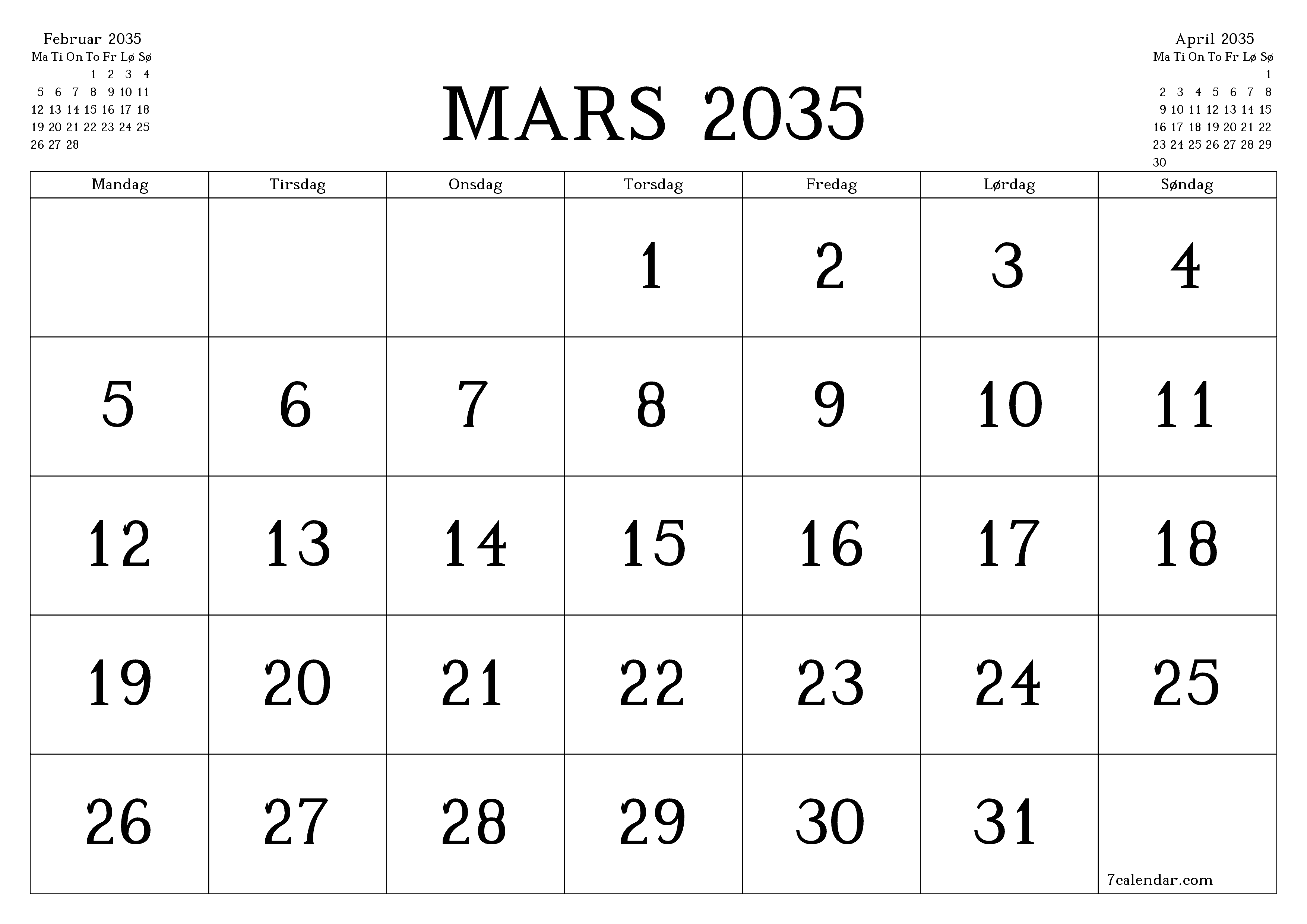 Tom månedlig planlegger for måned Mars 2035 med notater, lagre og skriv ut til PDF PNG Norwegian