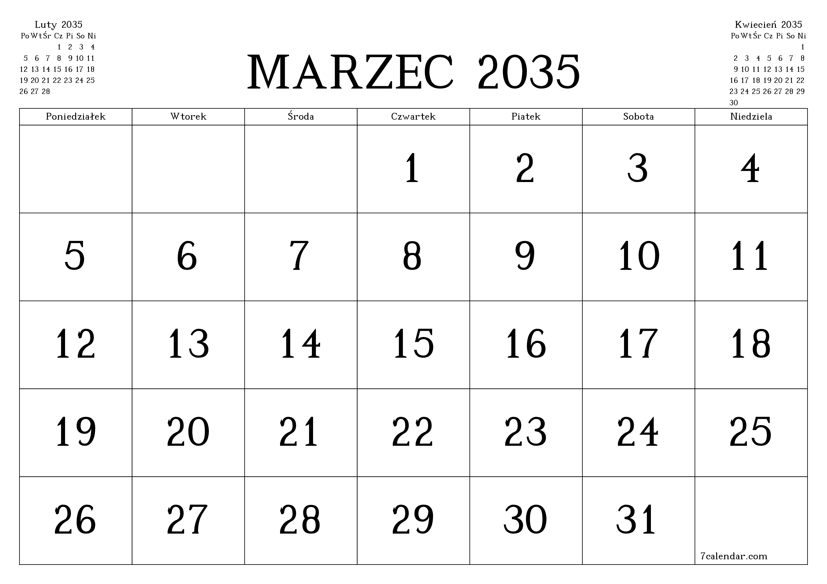 Opróżnij miesięczny planer na miesiąc Marzec 2035 z notatkami, zapisz i wydrukuj w formacie PDF PNG Polish