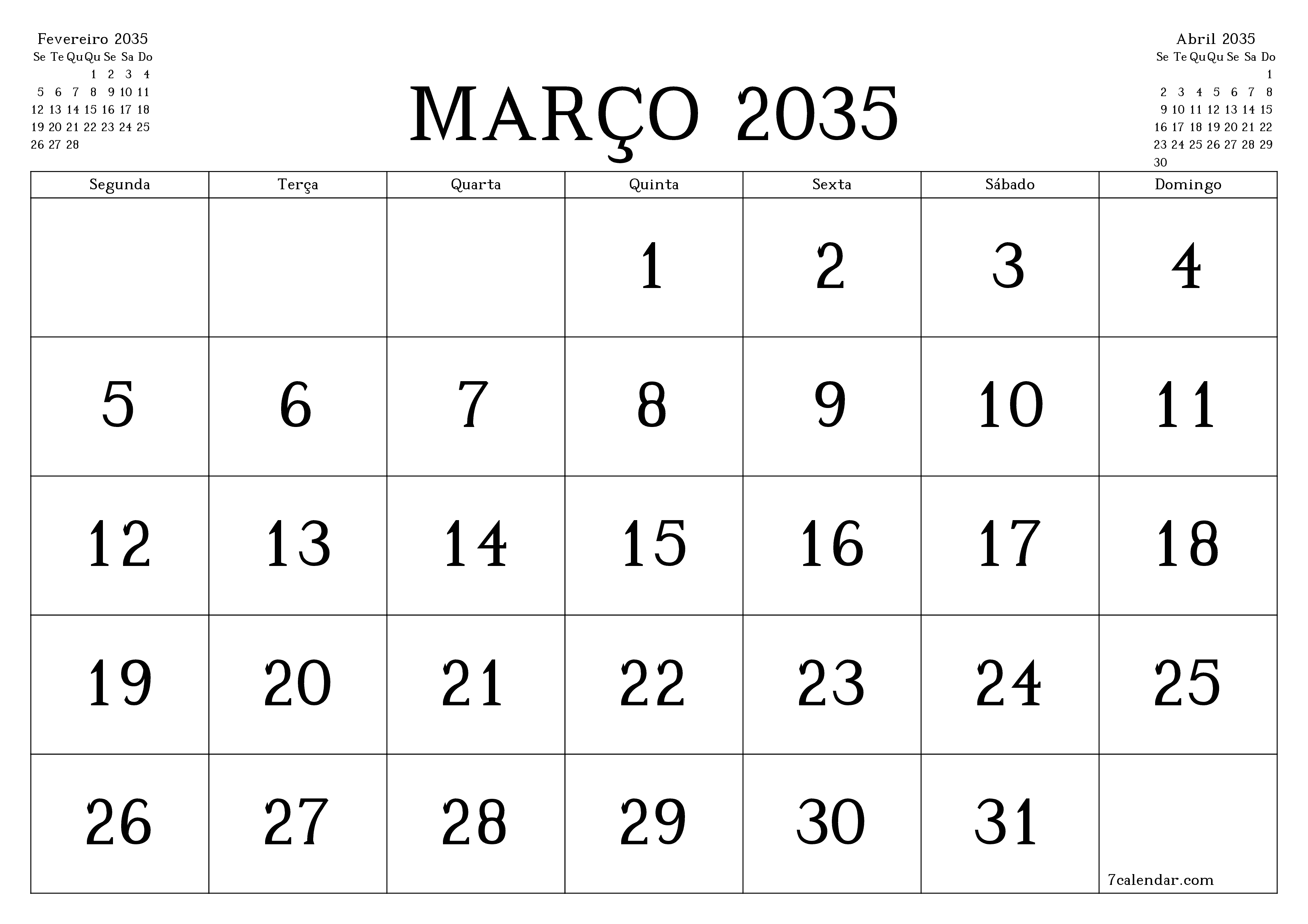 Esvazie o planejador mensal para o mês Março 2035 com notas, salve e imprima em PDF PNG Portuguese