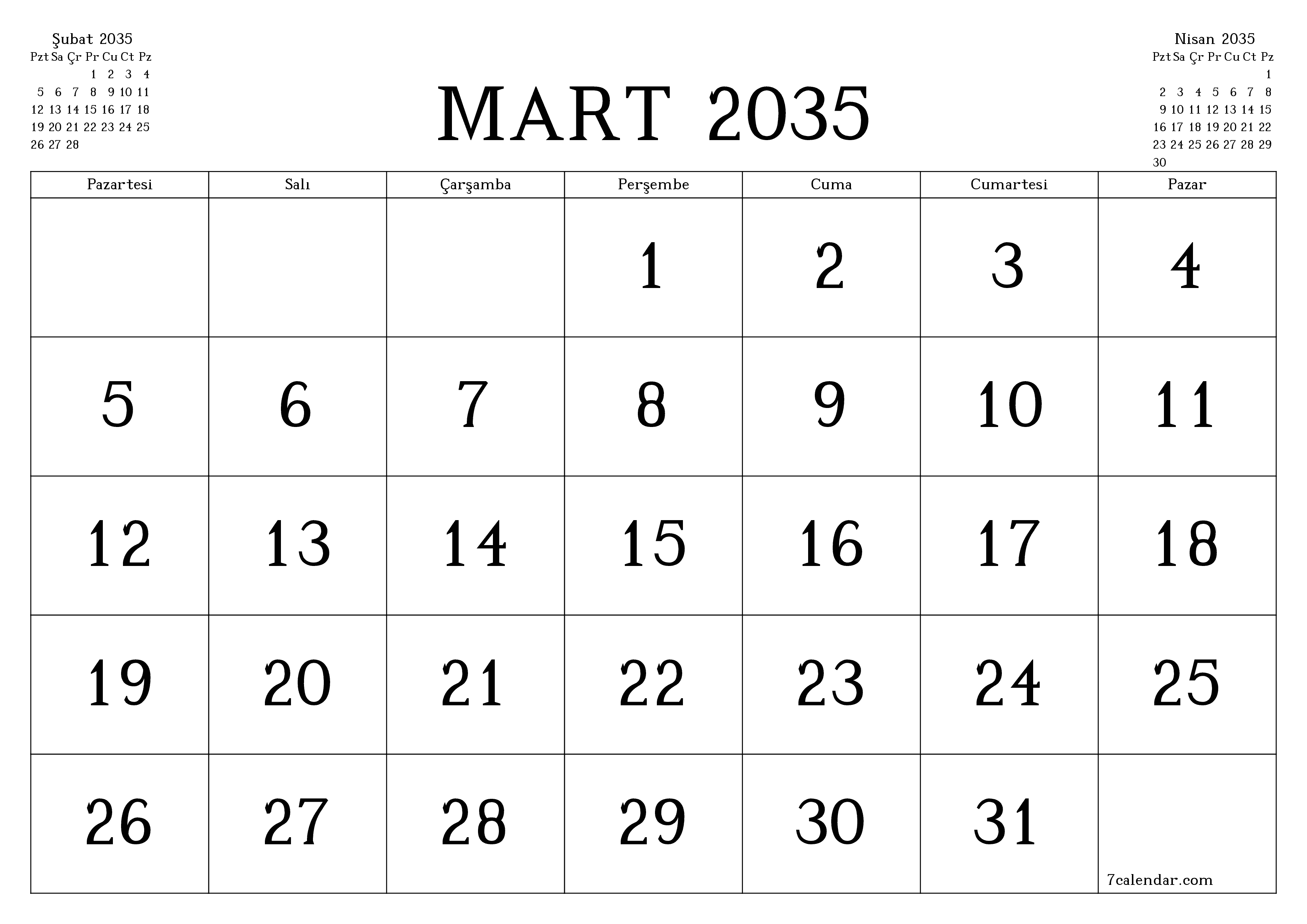 Mart 2035 ayı için notlarla birlikte boş aylık planlayıcı, kaydedin ve PDF'ye yazdırın PNG Turkish