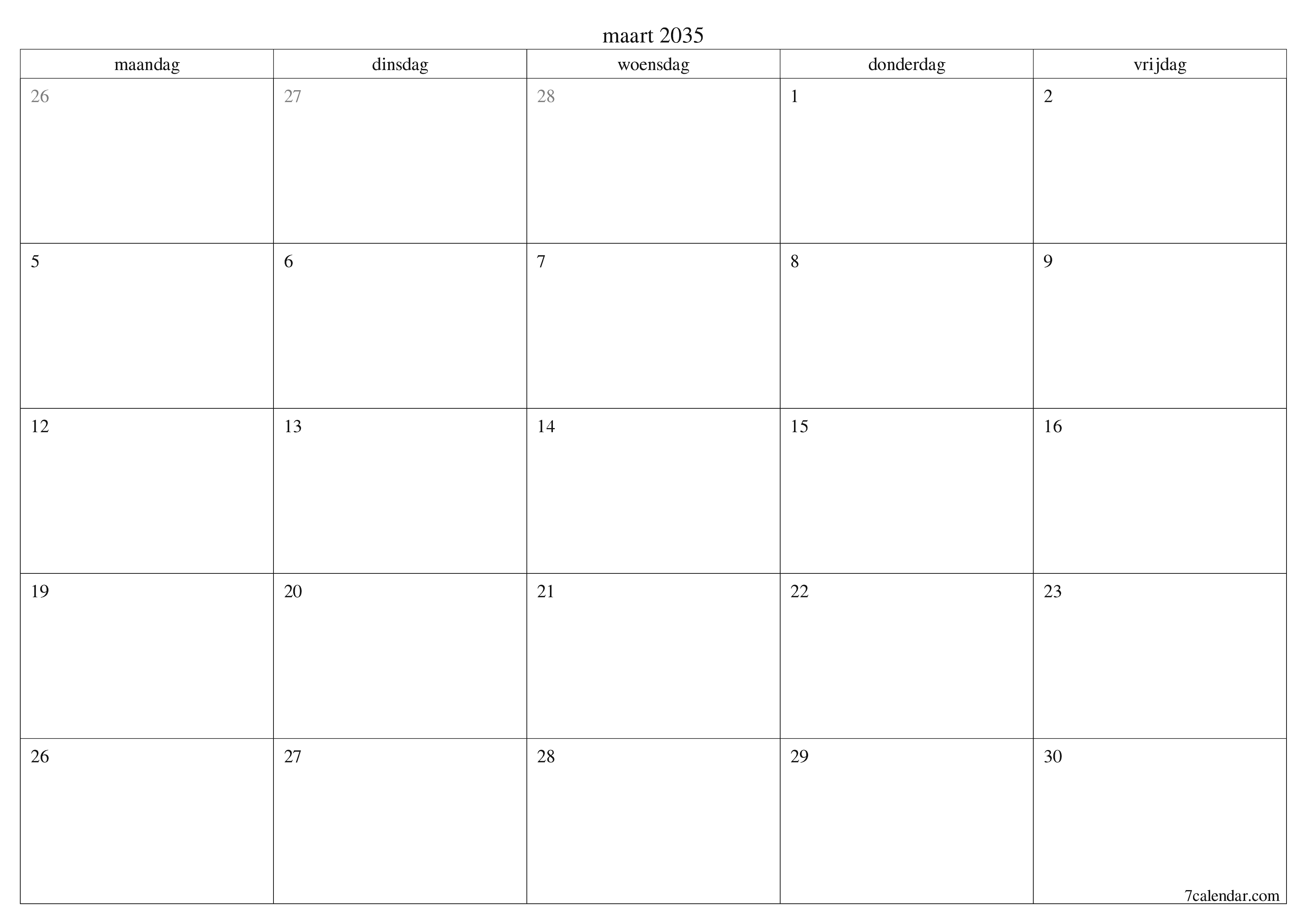 Lege maandplanner voor maand maart 2035 met notities, opslaan en afdrukken naar pdf PNG Dutch