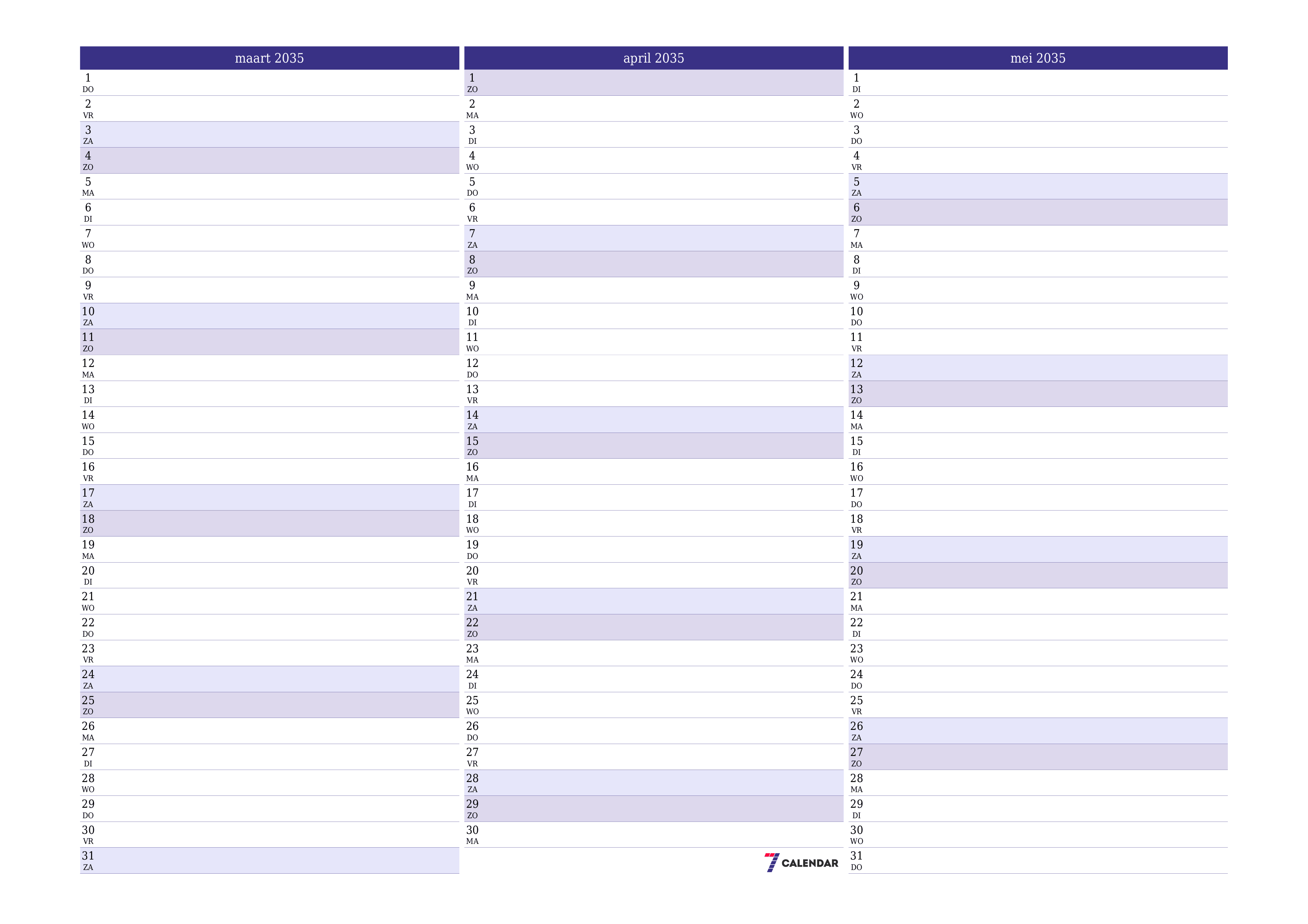 Lege maandplanner voor maand maart 2035 met notities, opslaan en afdrukken naar pdf PNG Dutch