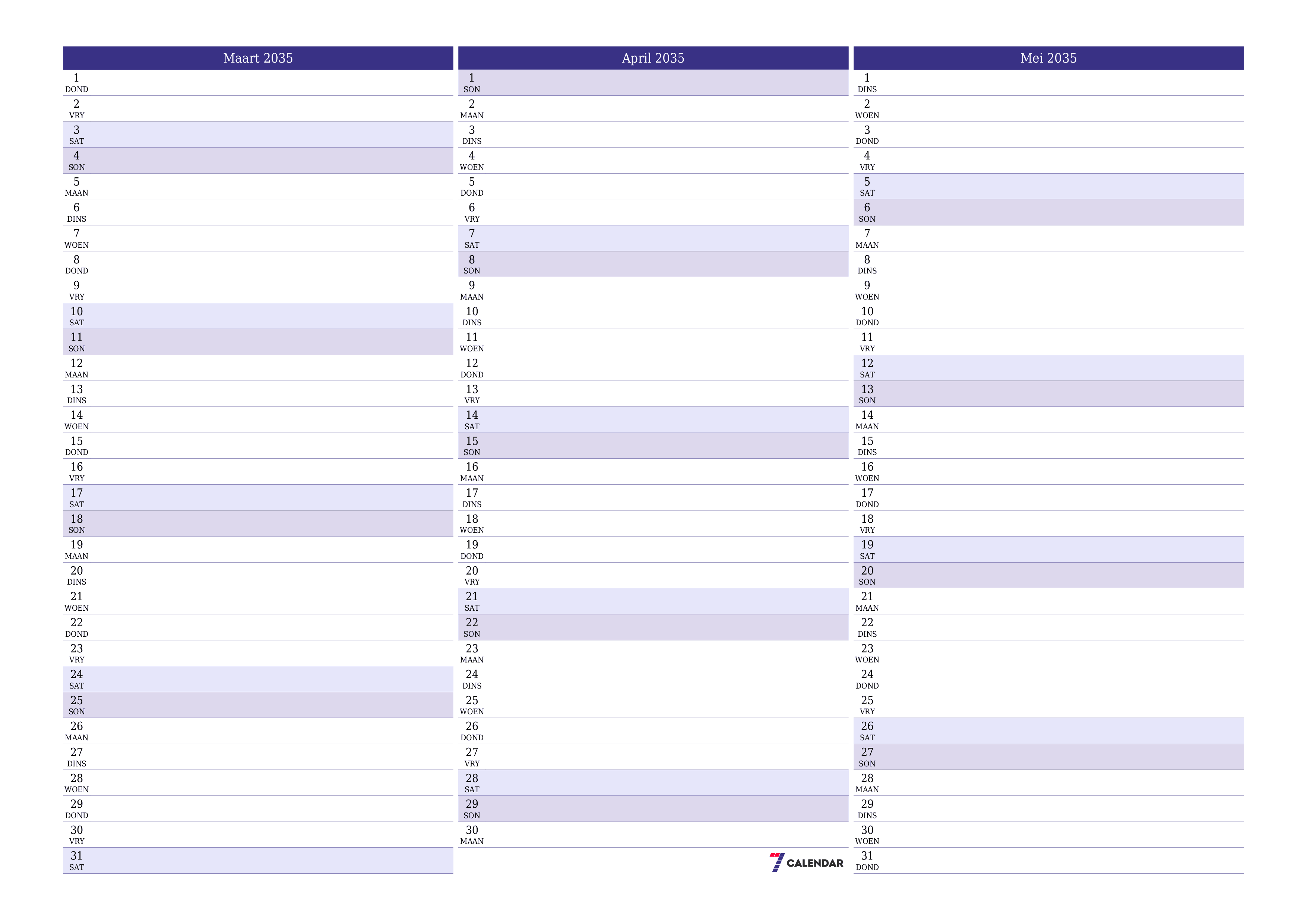 Leë maandelikse drukbare kalender en beplanner vir maand Maart 2035 met notas stoor en druk na PDF PNG Afrikaans