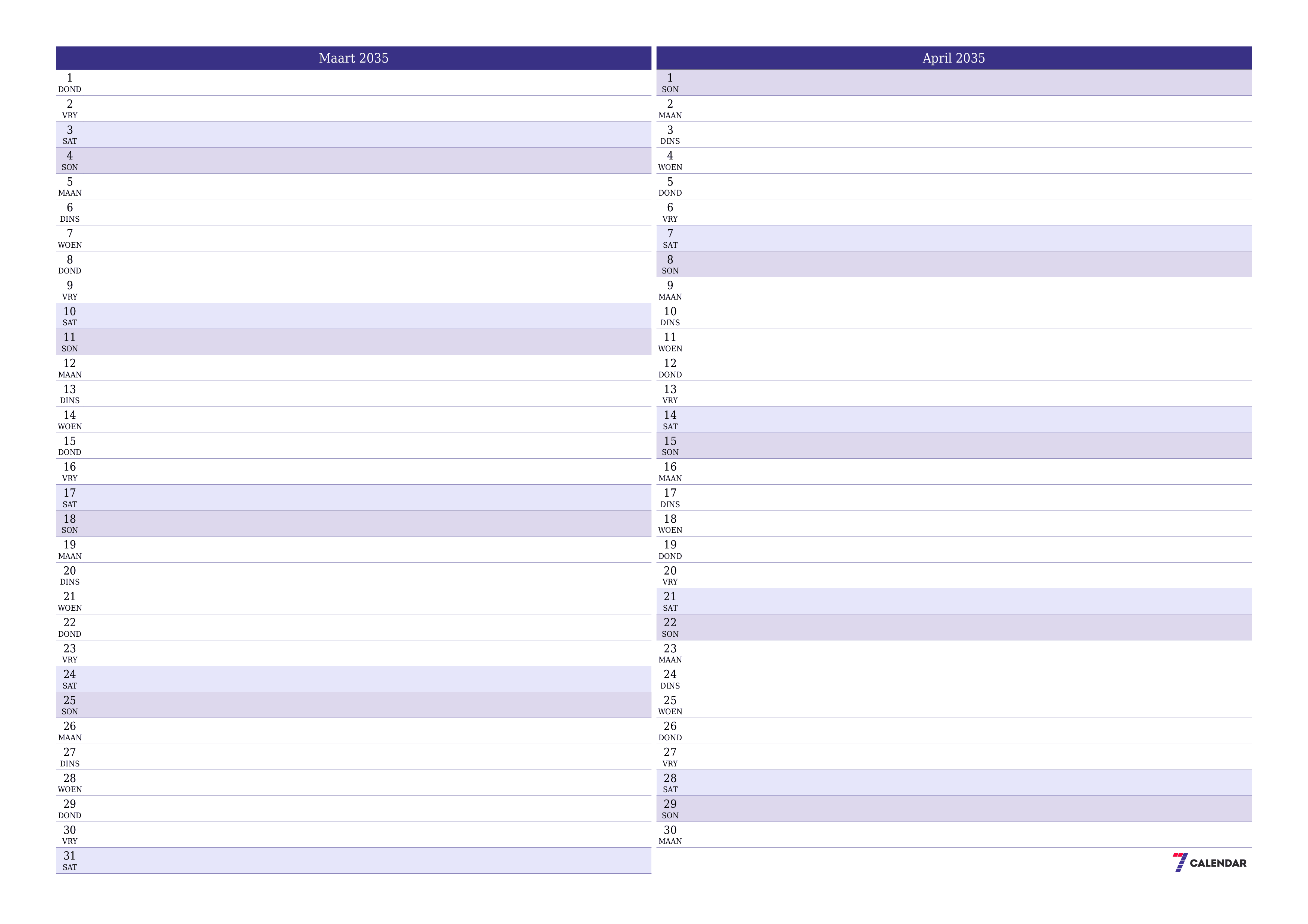 Leë maandelikse drukbare kalender en beplanner vir maand Maart 2035 met notas stoor en druk na PDF PNG Afrikaans