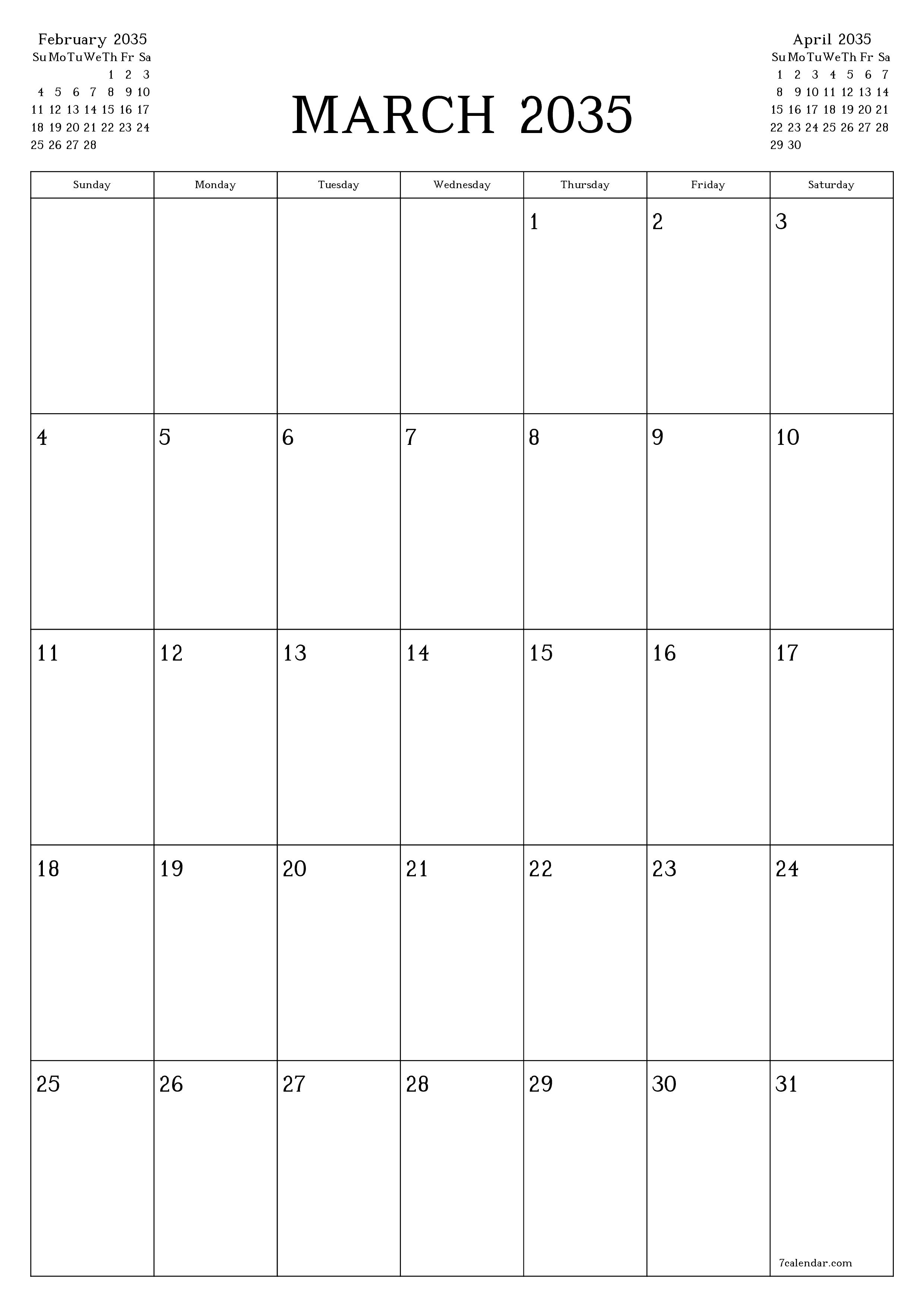Blank calendar March 2035
