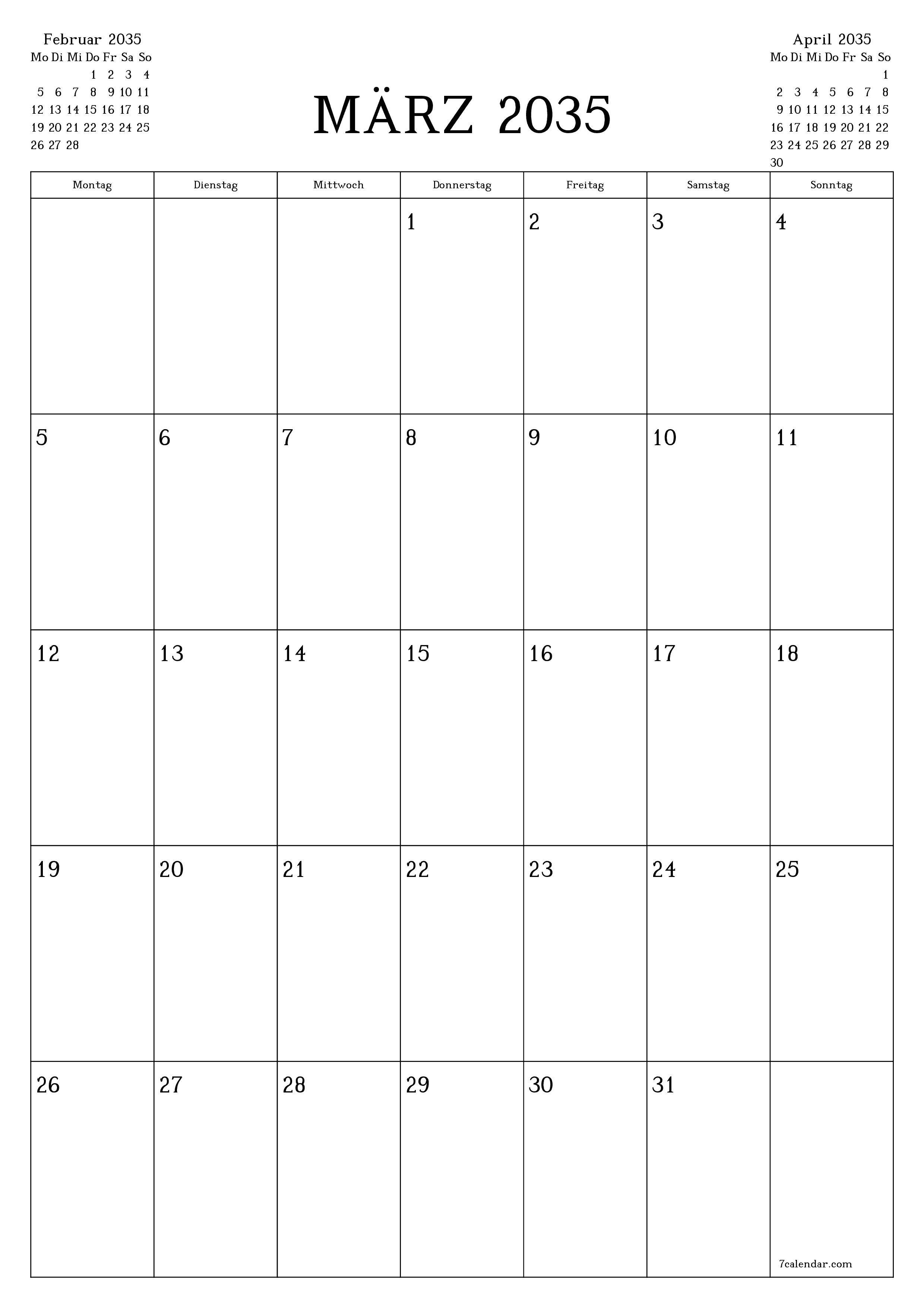  zum Ausdrucken Wandkalender vorlage kostenloser vertikal Monatlich Planer Kalender März (Mär) 2035