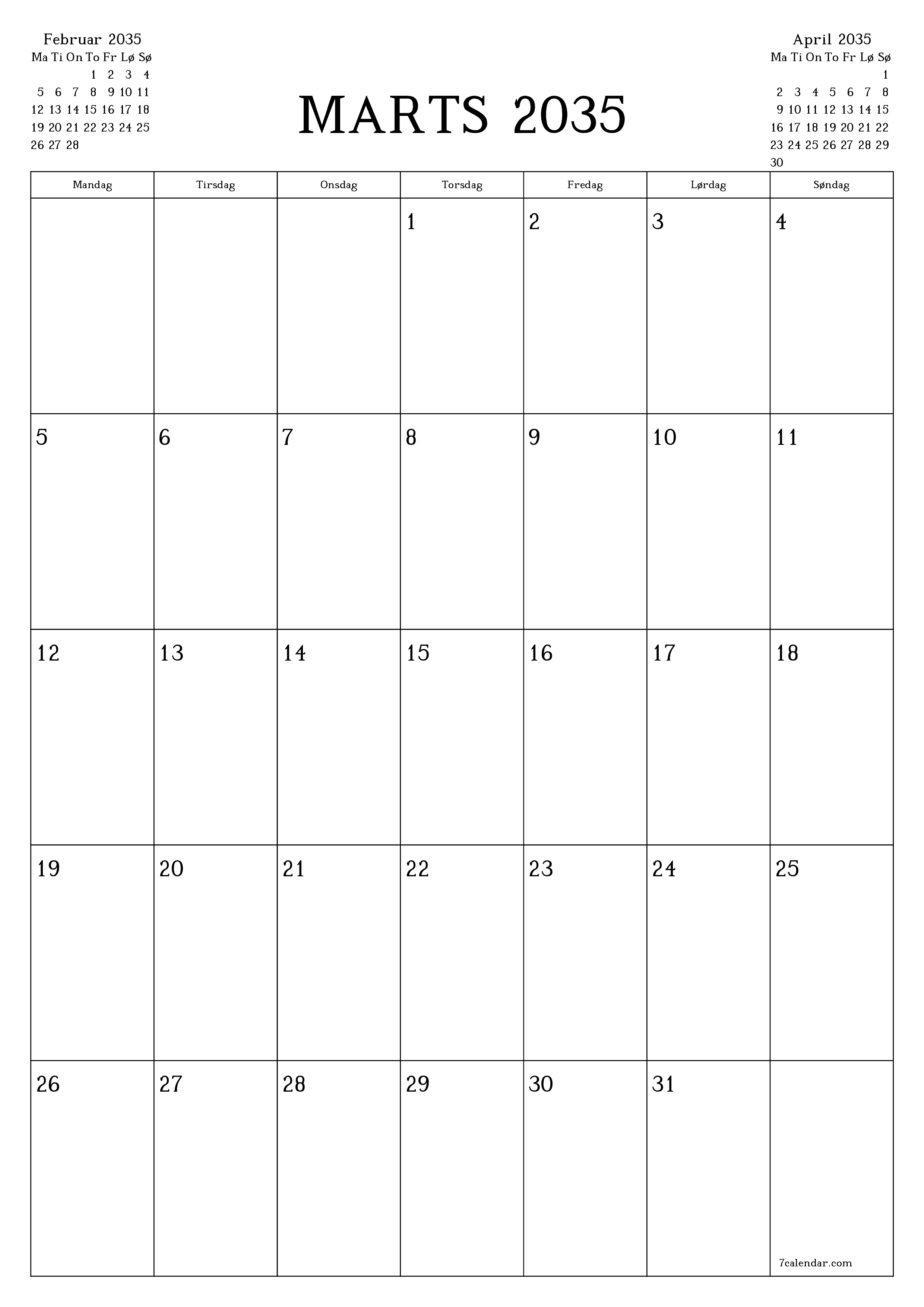 udskrivbar væg skabelon gratis lodret Månedlig planlægger kalender Marts (Mar) 2035